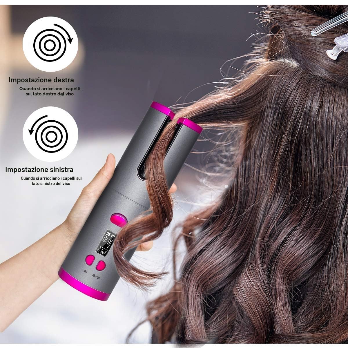 EMEBAY Ferro Arricciacapelli Automatico Senza Fili con Batteria Ricaricabile 4000mAh, Bigodino Anti-Ustioni con Timer, 6 Temperature Regolabili per Capelli Lunghi e Corti, Display LCD, Portatile