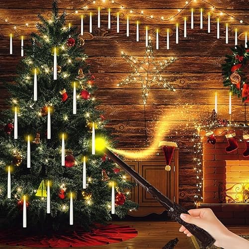 12PCS Floating Candles with Magic Wand Remote for Christmas, Flickering Warm Light LED Taper Candles, Battery Candles Flickering, Christmas Decoration Candles for Home Room Ceiling Closet Outdoor