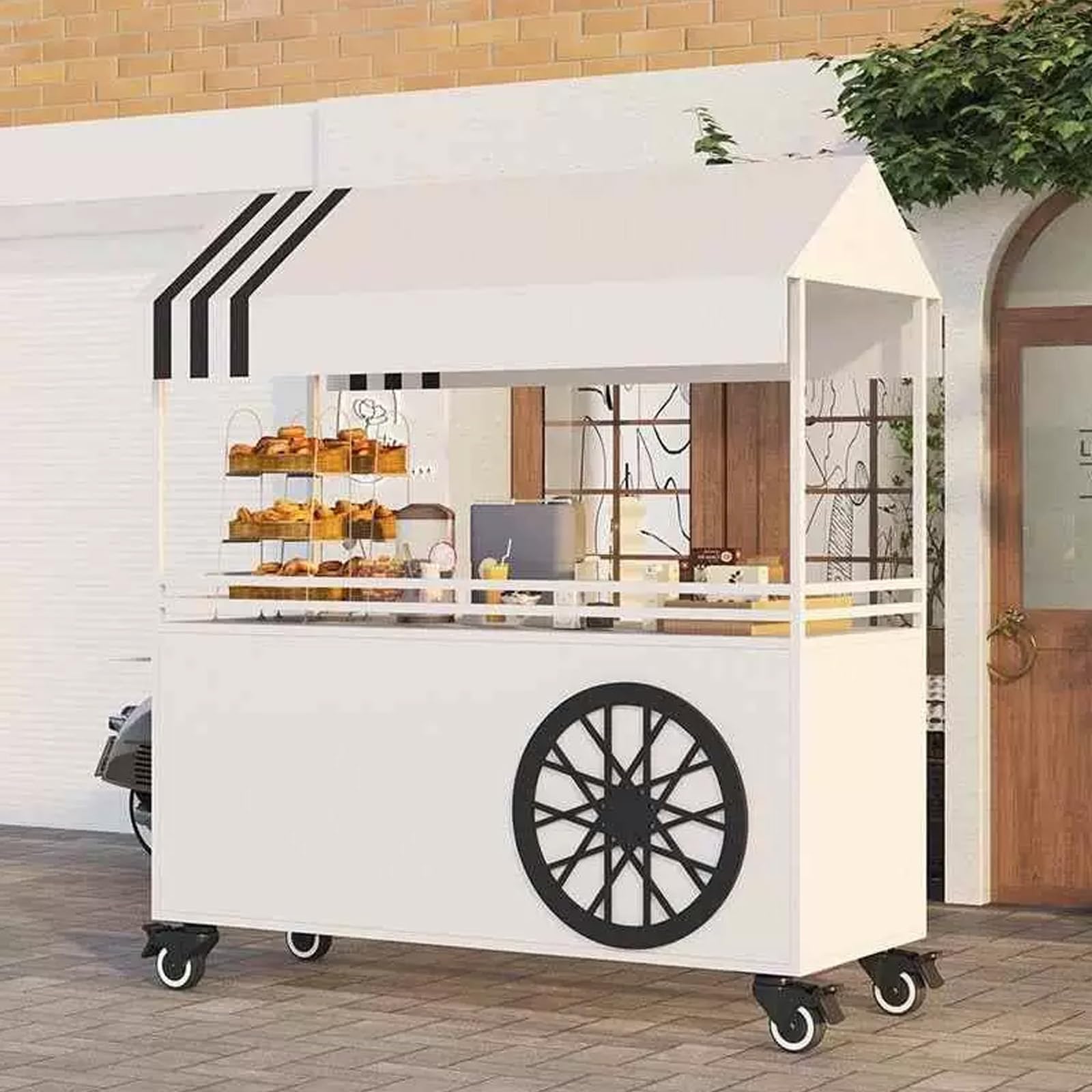 Mobile Food Cart with Canopy, Commercial Vendor Cart with Lockable Wheels, Metal Dessert Display Stand for Farmers Market, Events