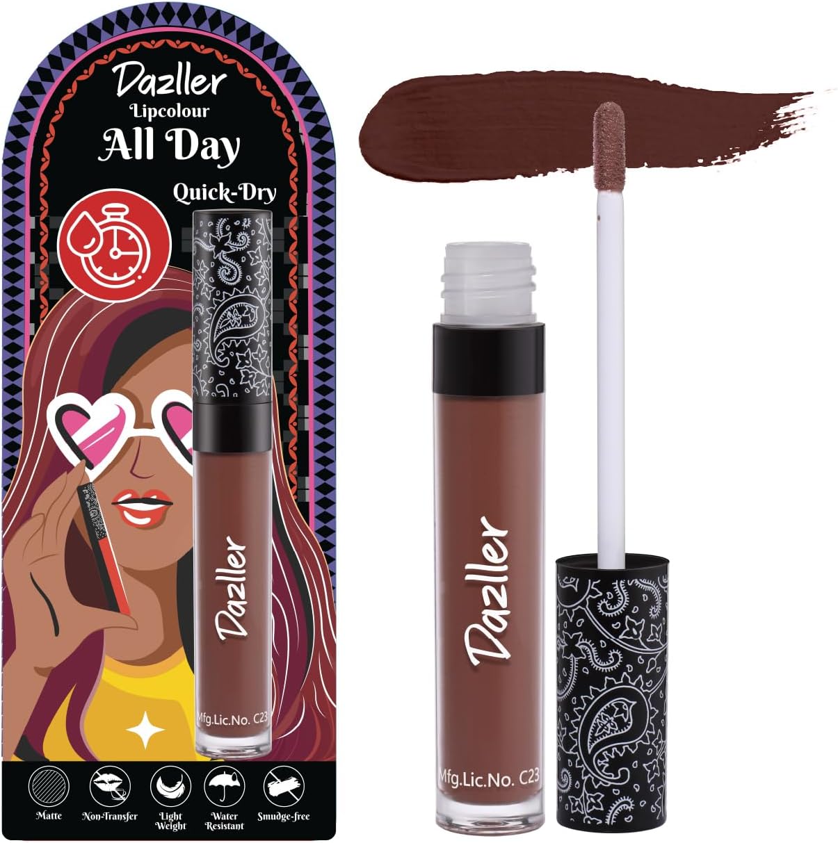 DAZLLERAll Day Lipcolour Quick Dry|Moisturizing Kokum Butter|Non-Transfer & Smudge-proof|8hr stay|Liquid Lipstick for Women|QDLC035 Sombra|6g