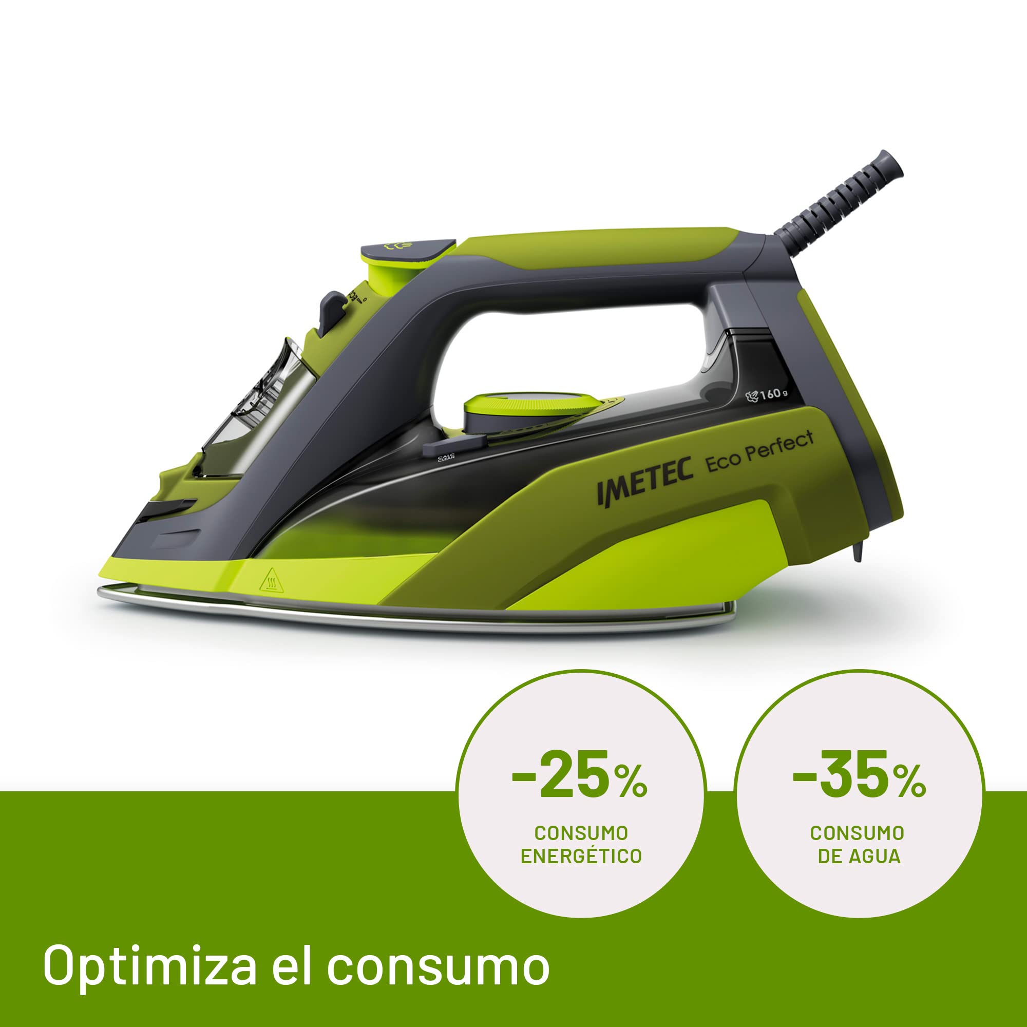 Imetec Plancha de Vapor Eco Perfect, resultados con -35% de consumo de agua y -25% de consumo de energía, Suela con revestimiento de cerámica Pro, Triple protección anti-cal, 2400 W