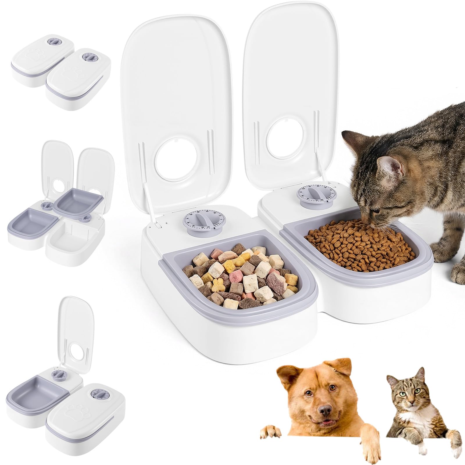 Multi Pet Automatic Cat Feeder with 48-hour Timer, Dual 350ml Bowl, Auto Cat Feeders Dry and Wet Food Dispenser, Automatic Pet Feeding Station for Cats and Small Dogs, Meals up to 700g, White