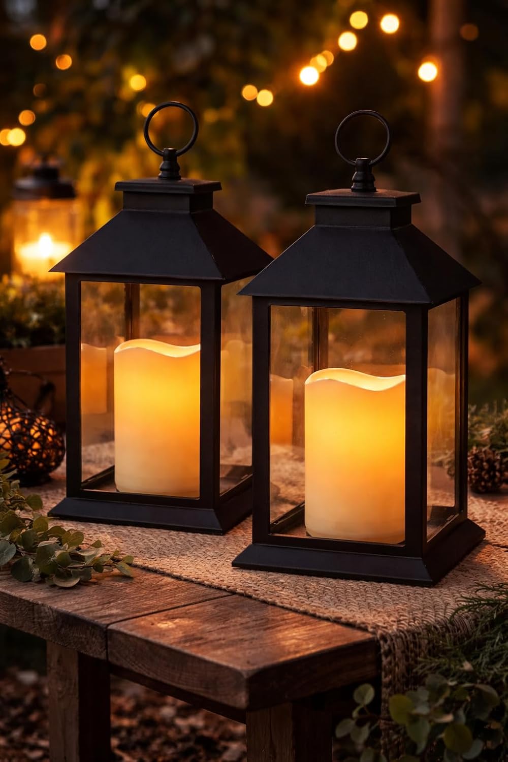 Black Lanterns Decorative Set of 2 with LED Candles – Outdoor & Indoor Lantern Decor – 13” Farmhouse Lanterns with 4 Hour Timer and Remote Control – Hanging or Tabletop Patio Porch Home Decor