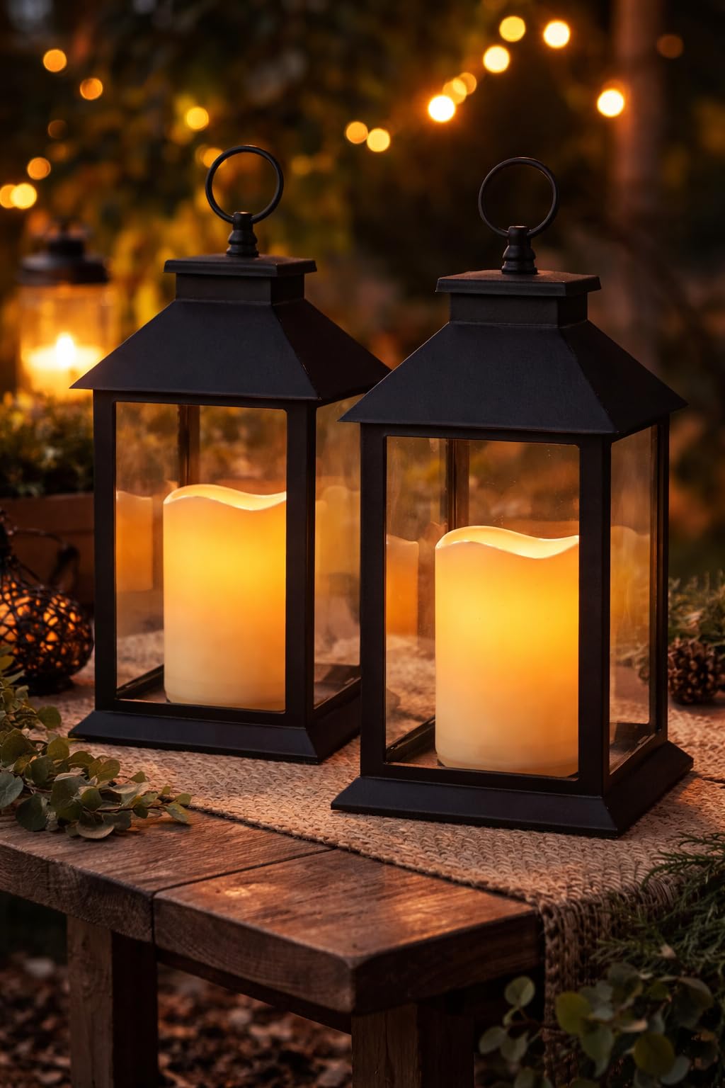 Black Lanterns Decorative - Set of 2 Lanterns with LED Candles