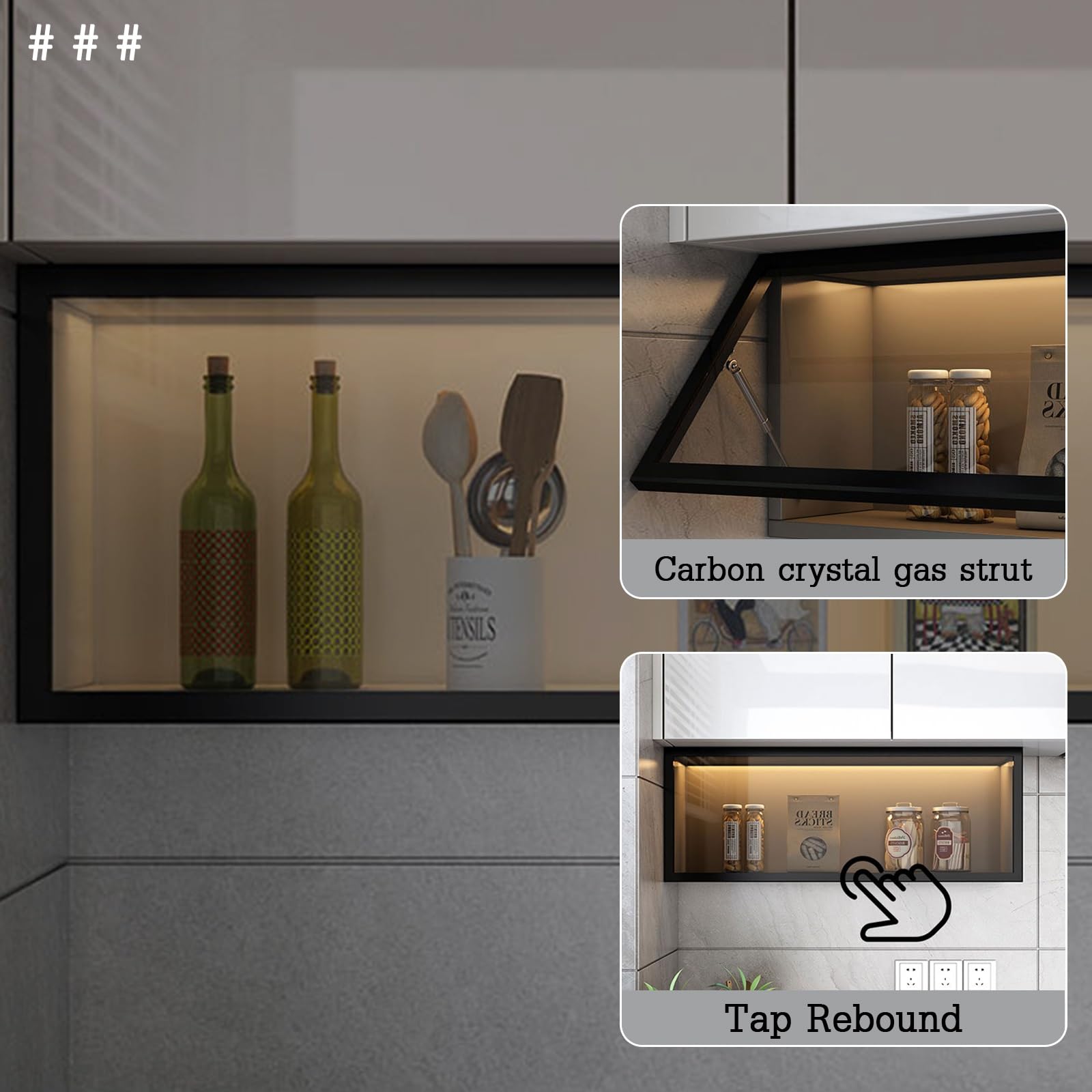 Moderner Küchenwandschrank mit Doppeltür und Glasfront, dekorativer Wandmontage-Aufbewahrungsschrank für Küche, Esszimmer und Speisekammer(Nero,80cm)
