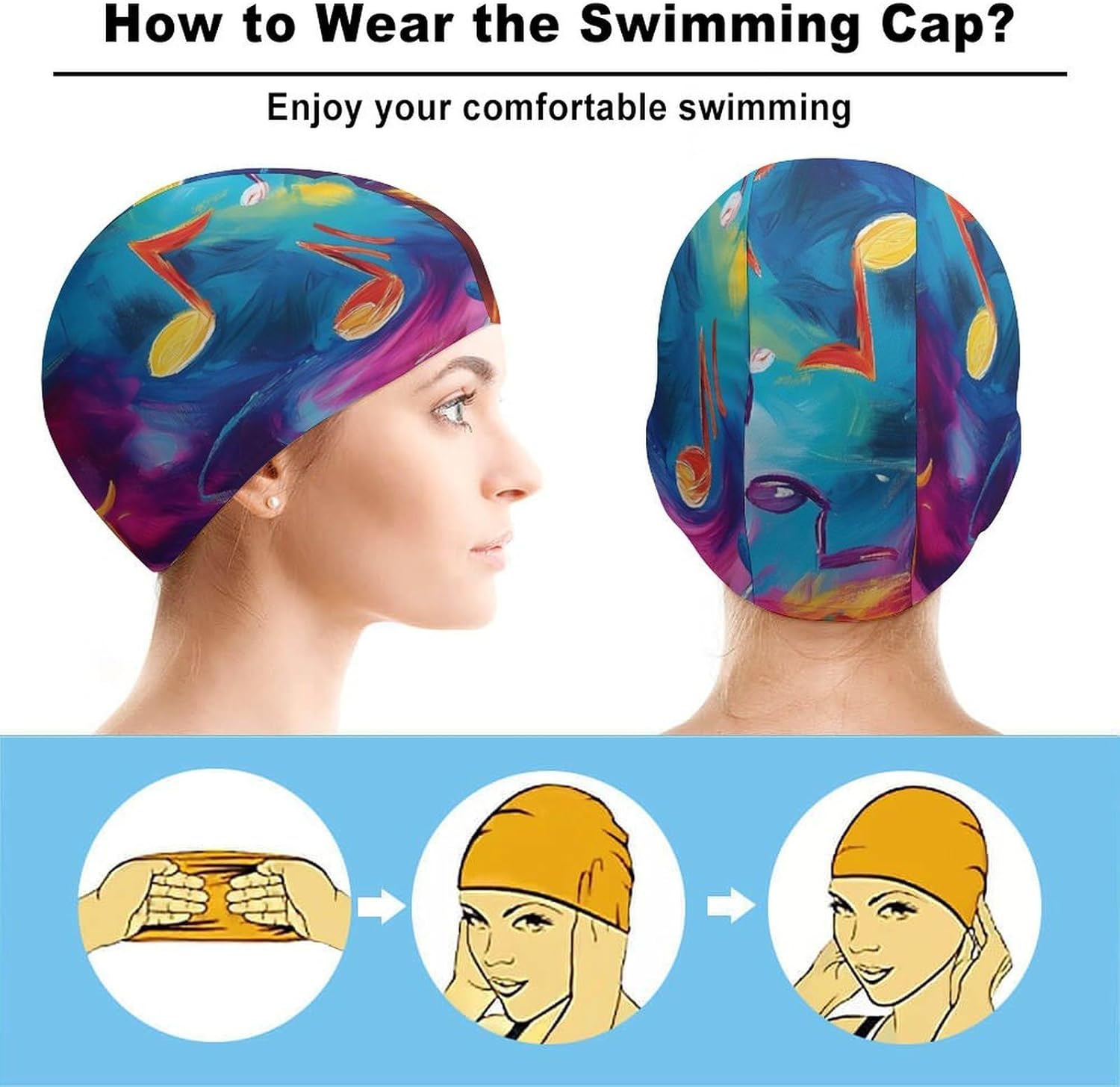 Colorful Music Notes Graffiti Womens Swim Cap for Men Adult Swimming Hat Curly Short Medium Long Hair