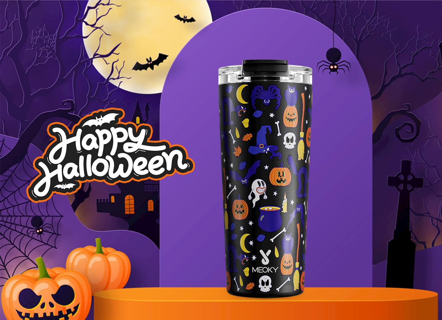 Meoky 24 oz Halloween Travel Coffee Mug with Leak-proof Lid, Glow in the Dark Stainless Steel Insulated Coffee Tumbler - Image 3
