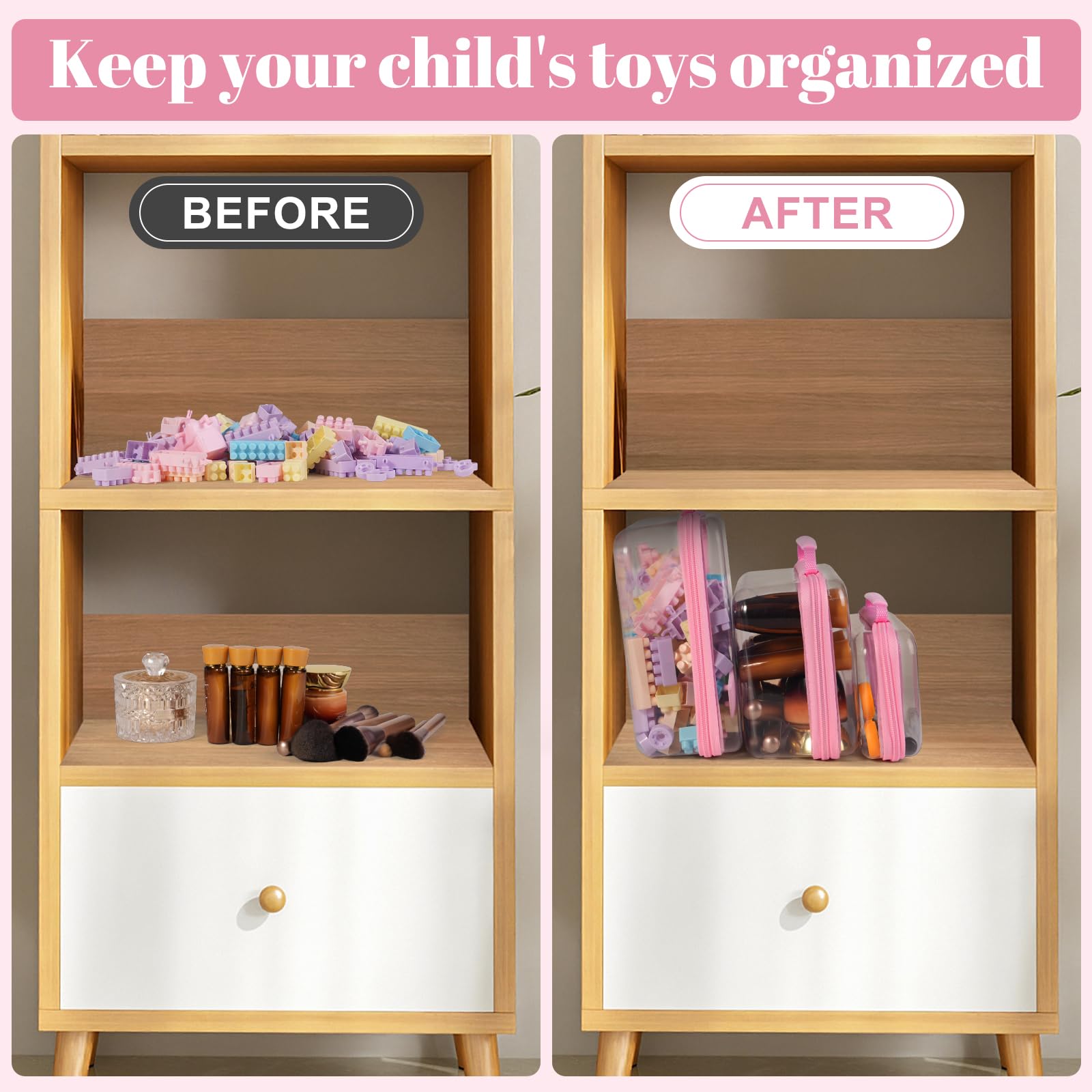Transparente Hartschalenhülle mit Reißverschluss, Kunststoff, tragbar, wasserdicht, für Snacks, Spielzeug, Windeln, Reisen, Rosa, 3 Stück