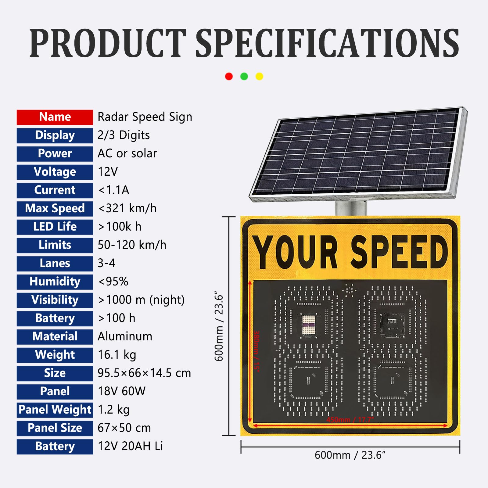 Pantalla De Velocidad Radar De Tráfico 24"x24"(24"x27"), Panel De Advertencia Intermitente LED Alimentado por Energía Solar, Resistente A La Intemperie 2 Digit