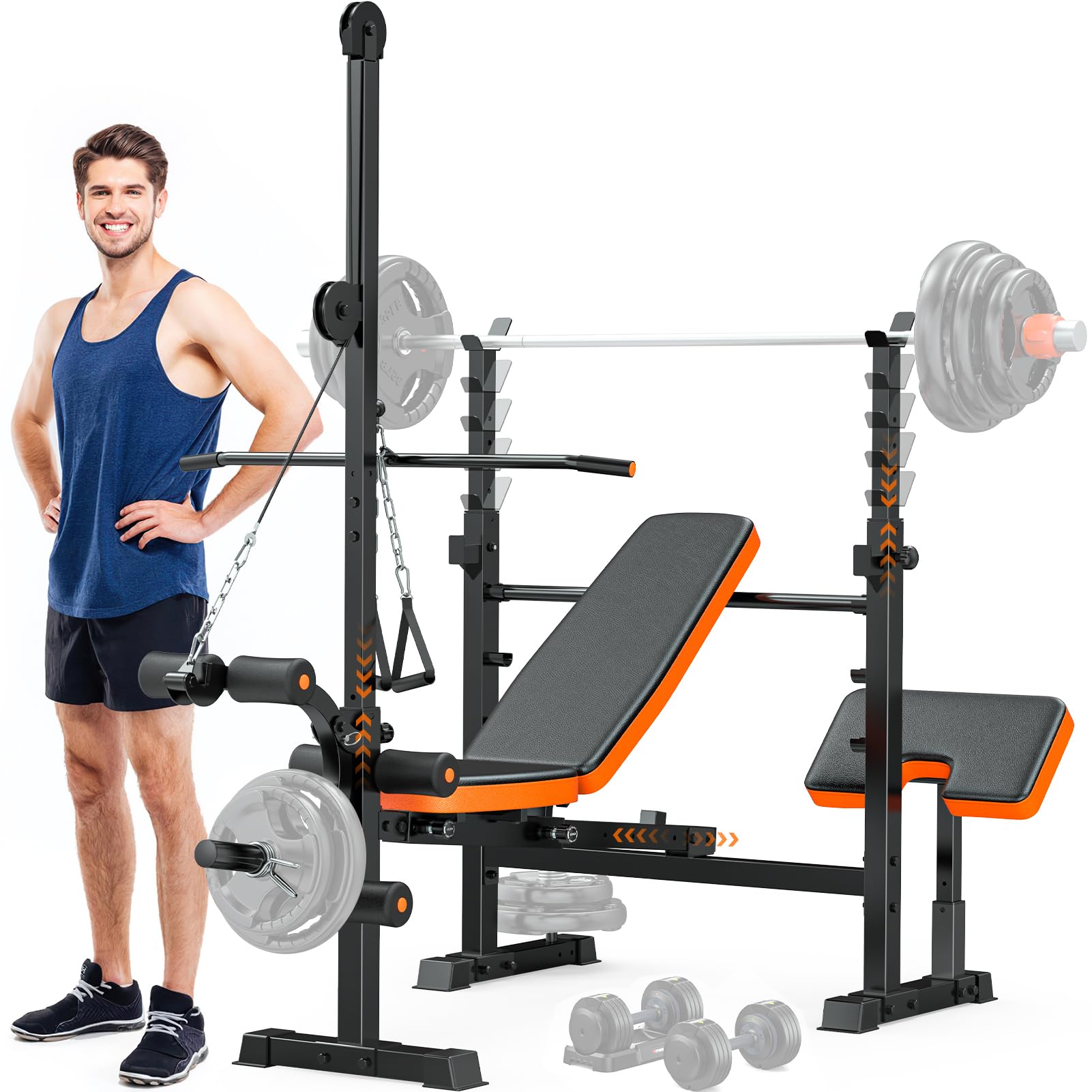 Fostoy 8 in 1 Weight Bench Set with LAT Pulldow, Bench Press Rack with Leg Extension/Curl and Preacher Curl, 880lbs Olympic Weight Benches for Home Gym Full-Body Adjustable Strength Training Equipment