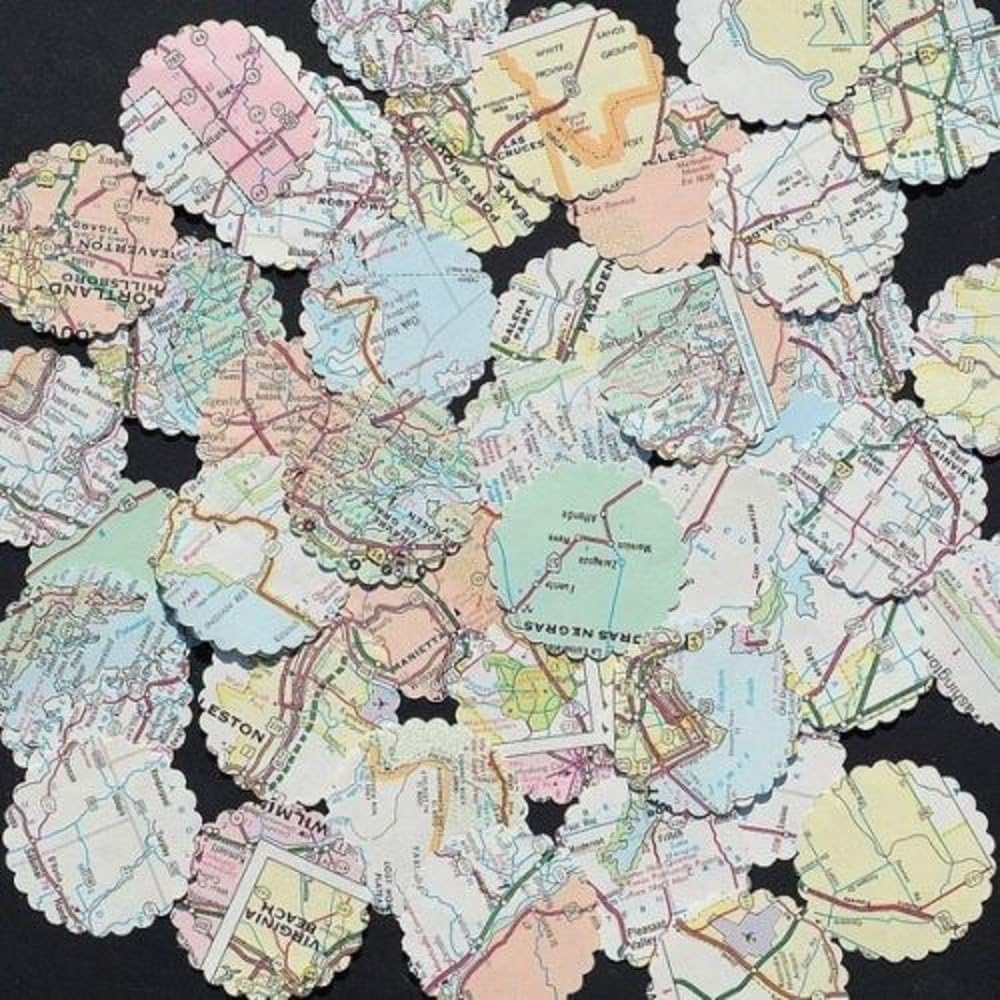 Confetti 100 Pieces Paper Scalloped Circles Map Travel Atlas Birthday Wedding Bon Voyage World Party Decor