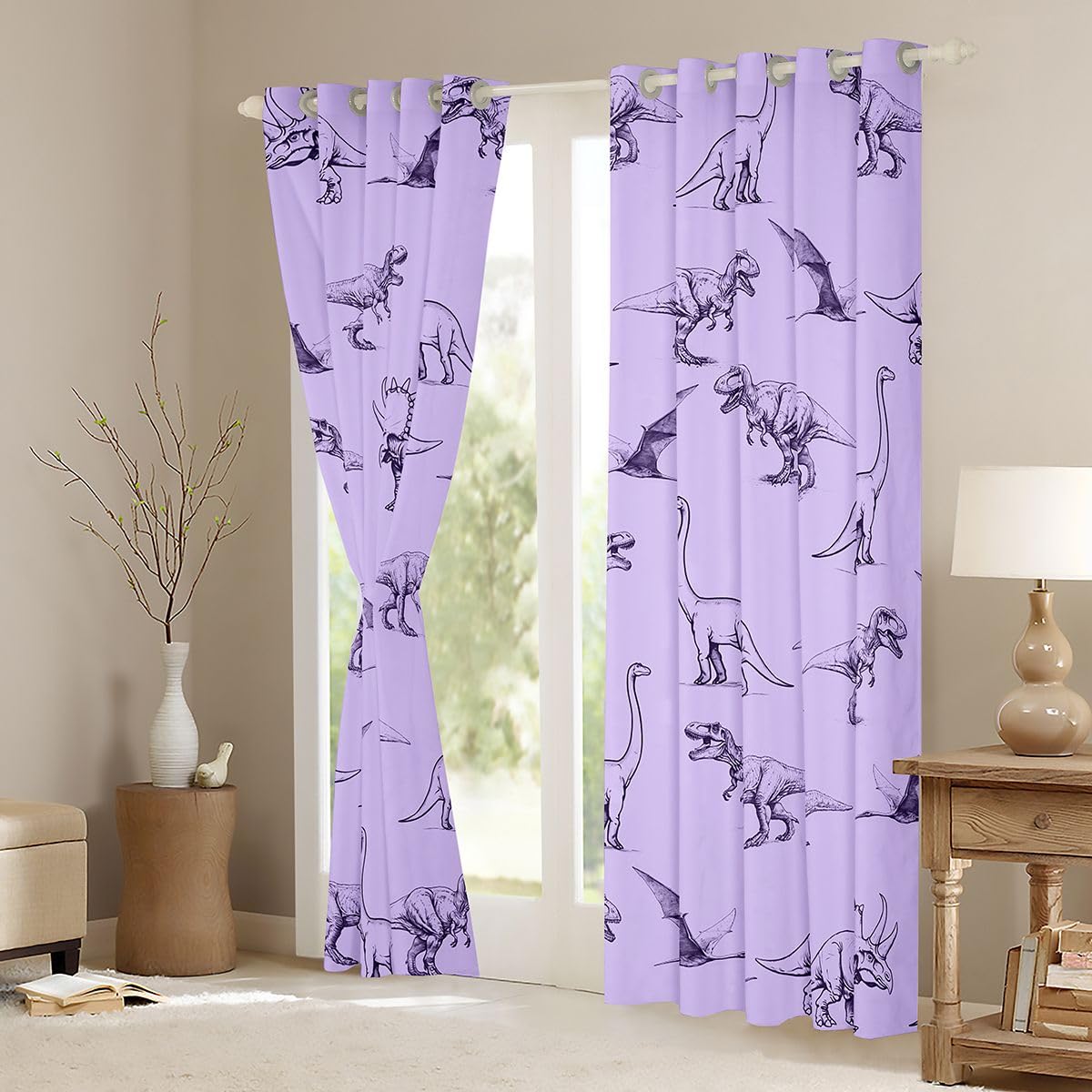 Homewish Rideau Occultant 140x245 cm Jurassique Rideau Dinosaure Rideaux Voilage Ptérosaure Tricératops Dessiné à la Main Voilage Fenetre Dessin au Trait Simple Violet pour Chambre Salon