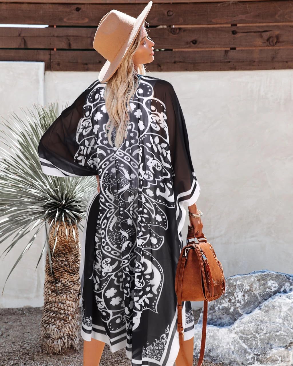 Bestshe Womens Bohemian Kimono Cardigans Fashion Floral Beach Cover Up Casual Loose Swimsuit Cardigan Black - Image 4