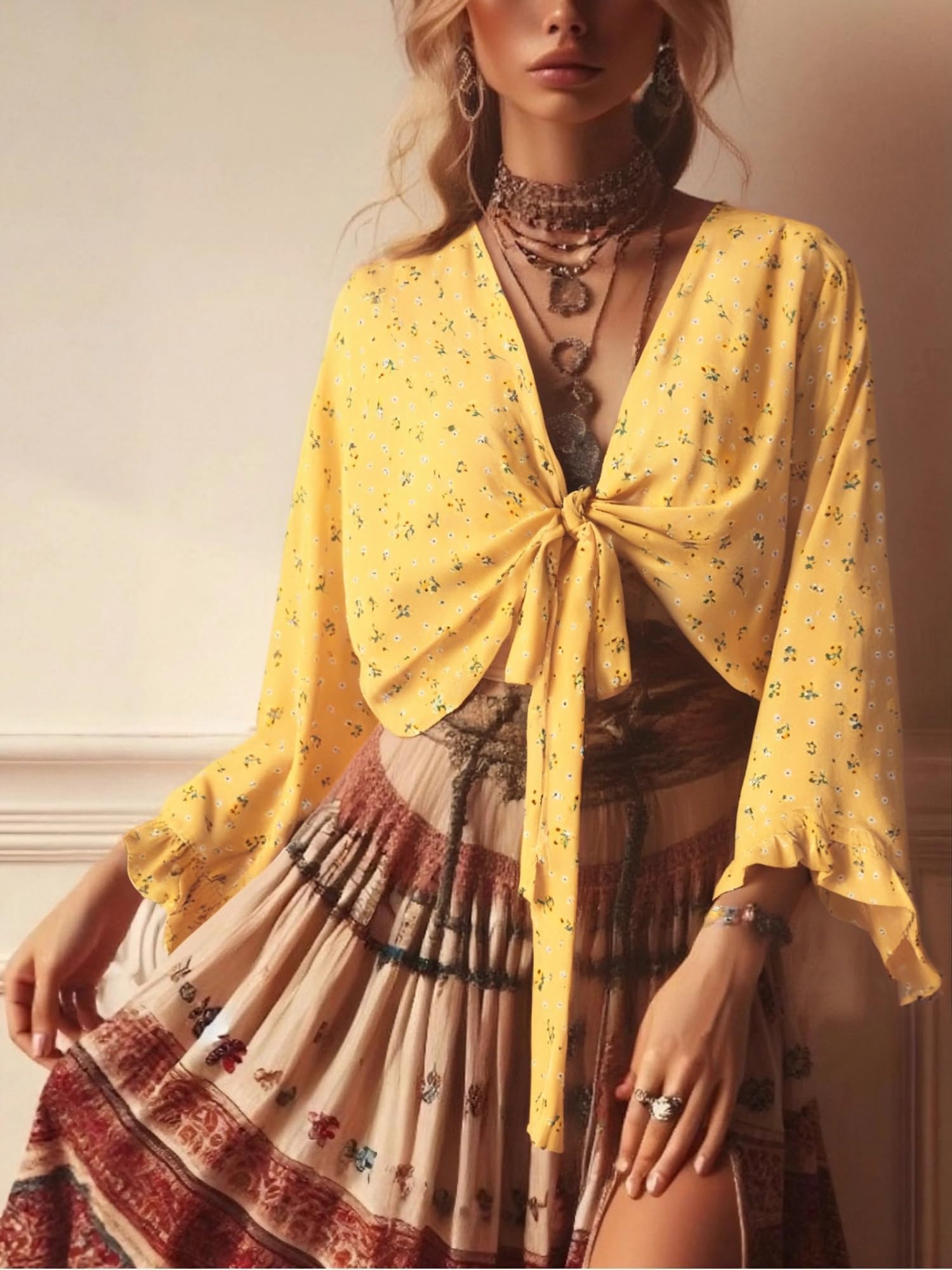 Generisch Vintage Żółte kwiaty damski kostium kąpielowy Cover-Up Beach Lato Krótkie falbanki Flare Rękawy Urlop Rayon S/M/L