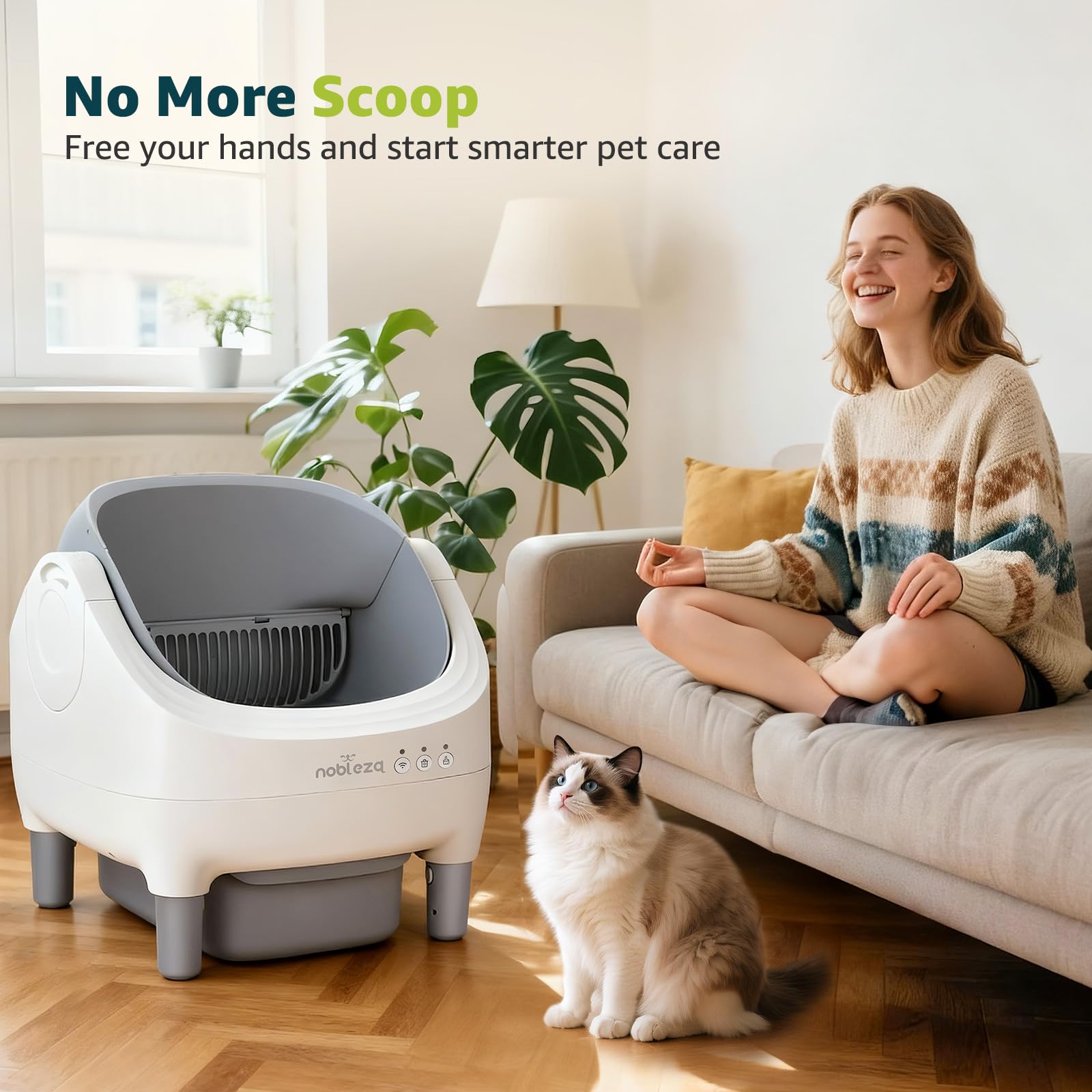 Nobleza Arenero Autolimpiable SL03 para Gatos - Caja de Arena Automática con Control por App, Diseño Abierto, Gran Capacidad, Incluye 2 Rollos de Bolsas y 1 Ambientador, Color Blanco