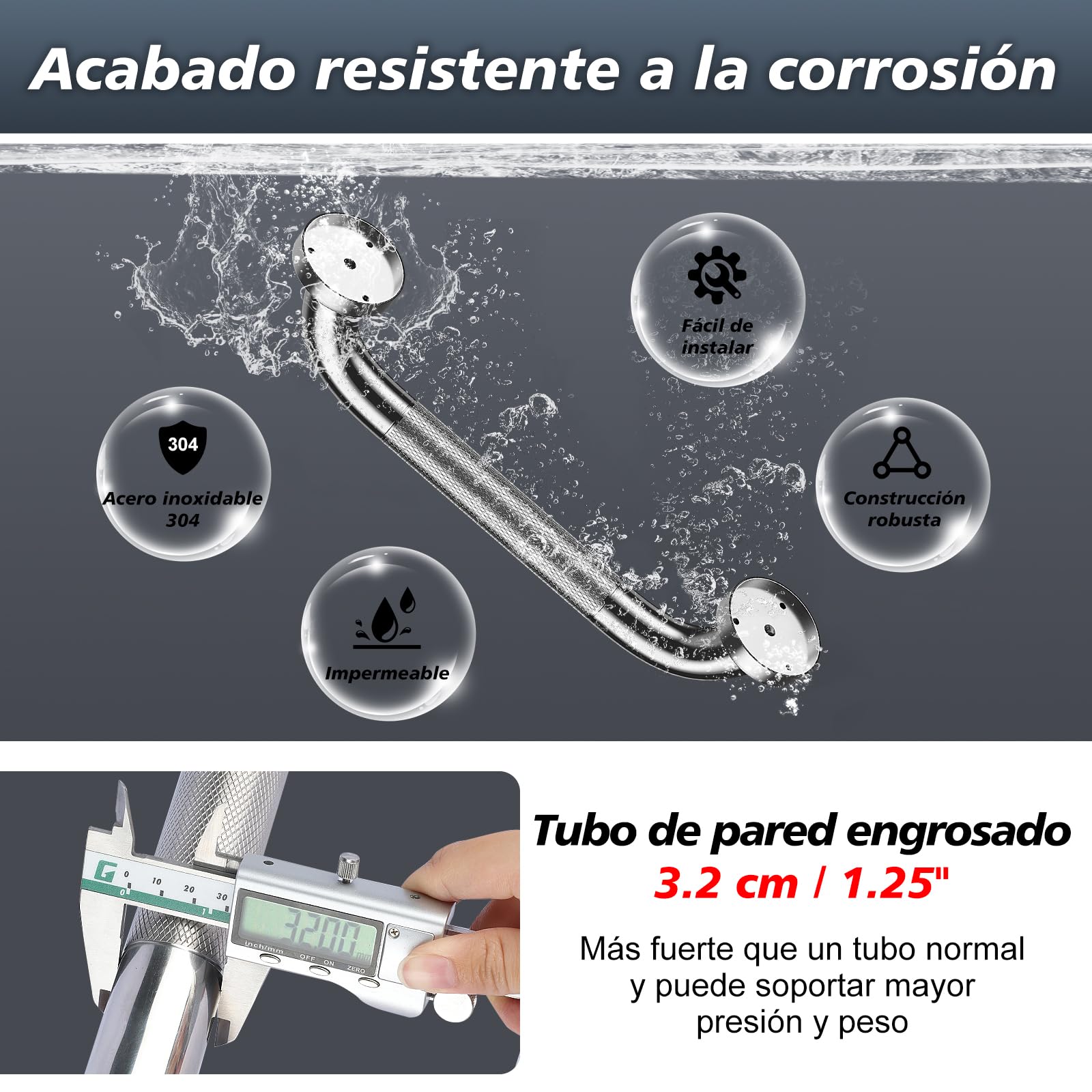supregear Agarraderas Baño Para Mayores, Barra Acero Inoxidable Antideslizante para Ducha, Barra de Seguridad para Ancianos y Discapacitados, Ø 32 mm, 30 cm (Plata)