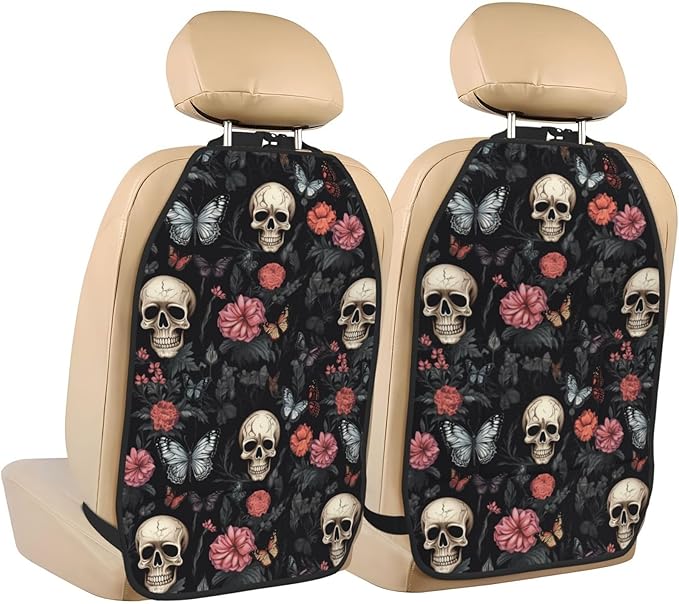 Gothic Flower Butterfly Sugar Skull Car Seat Protector Backseat Car Organizer Personalized Anti-Kick Mats Back Seat Storage Cover 2 Pcs For Vehicles To Protect