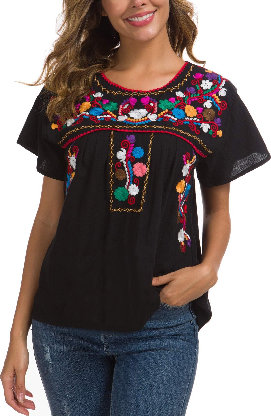 YZXDORWJYZXDORWJ Women's Embroidered Mexican Peasant Blouse Mexico Summer Shirt Short Sleeve