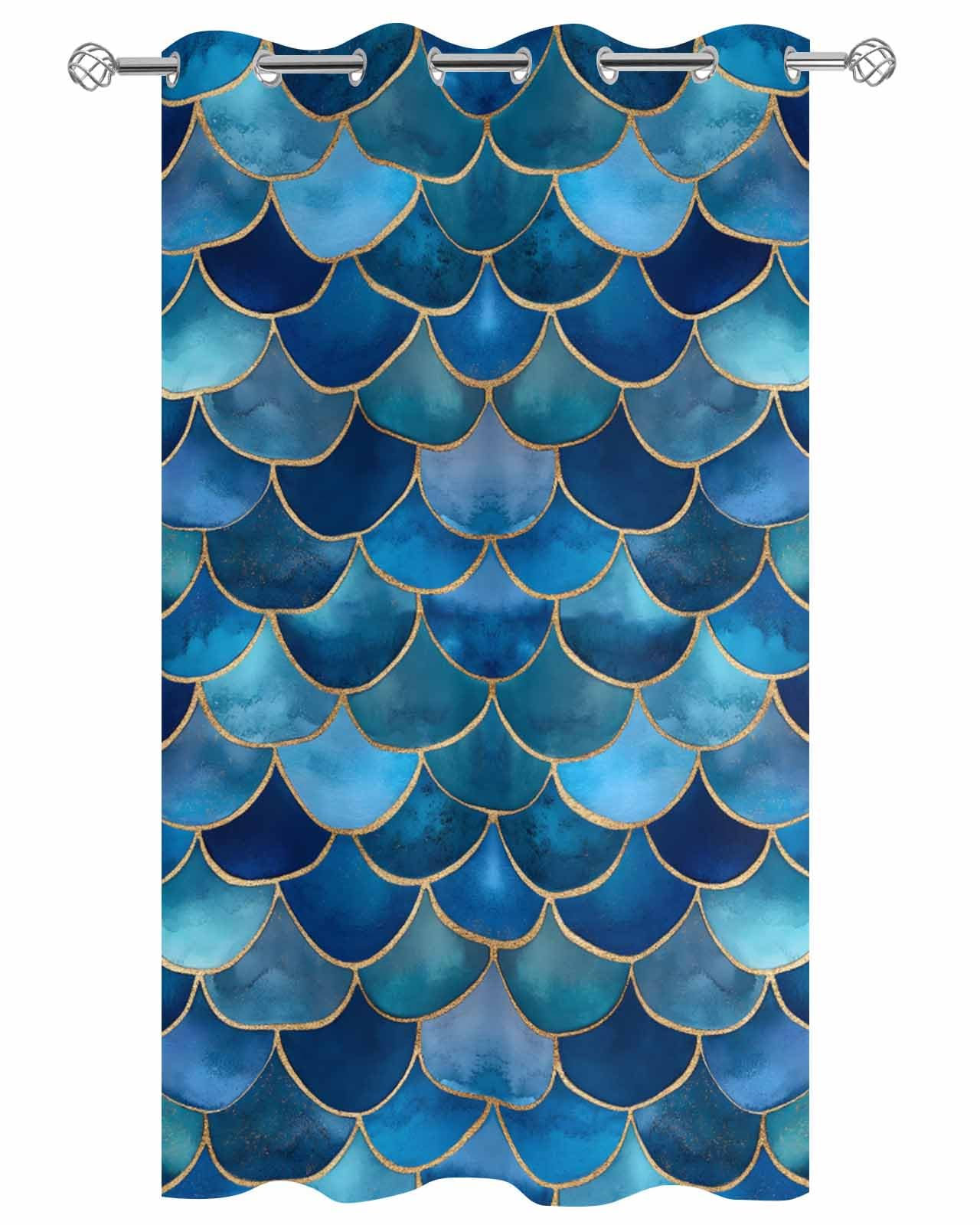 Waterproof Outdoor Curtains for Patio Porch, Summer Ocean Blue Gradient Fish Scales Grommet Curtain Panel Windproof Outside Curtains Tieback, Mermaid Abstract Art Weighted Window Treatment Drapes