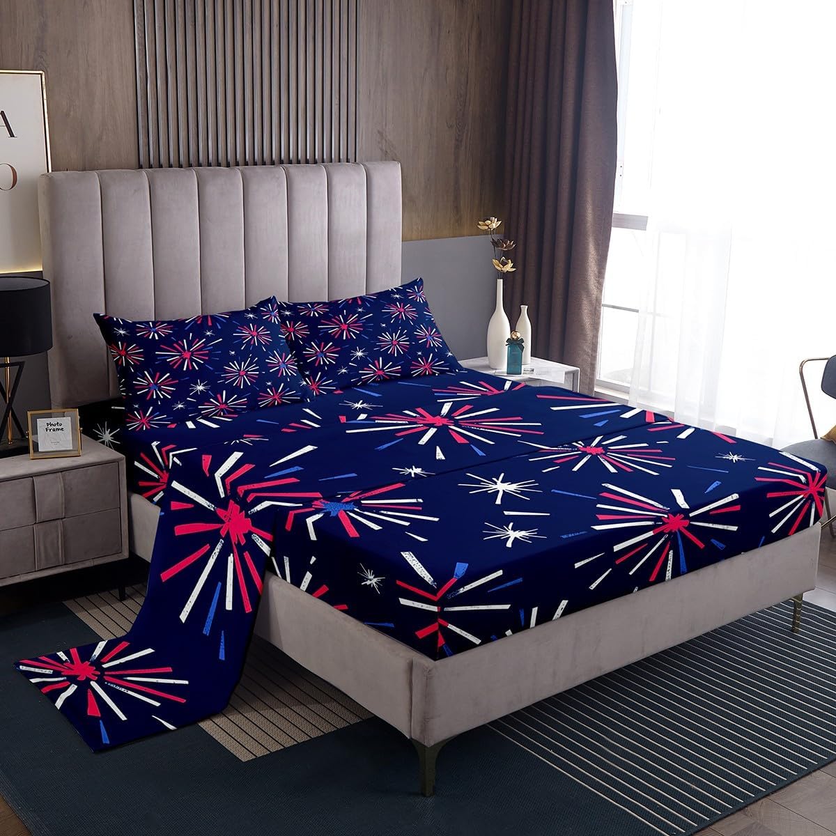 Feelyou 4th of July Decor Sheet Set Queen Size Kids Independence Day Memorial Day Sheets with Deep Pocket Fitted Sheet for Boys Teens Blue Firework Bed Sheets Set Breathable Room Decor