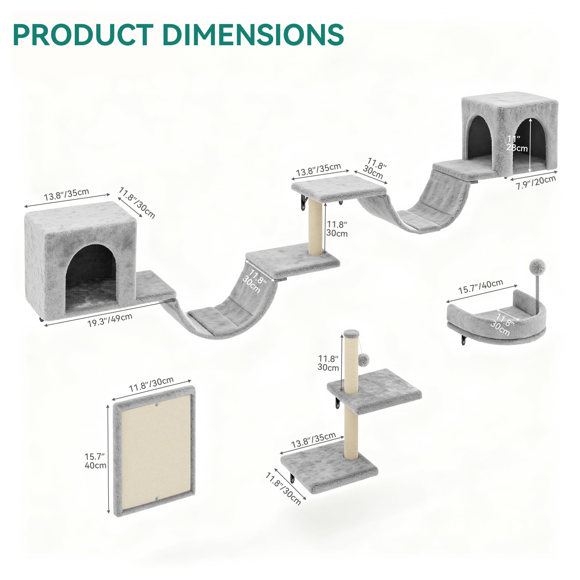 YITAHOME 8-teiliges Katzewand-Set, Robustes Plüsch-Kratzmöbel mit Kratzsäule, Katzenhaus, Katzenbrücke, Katzenleiter und Hängeball in Hellgrau