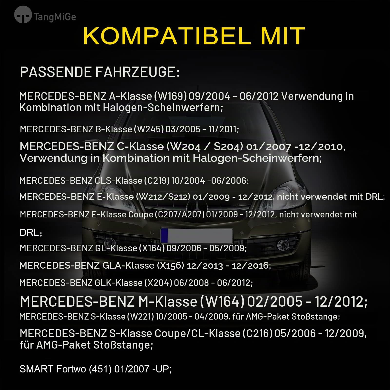 TangMiGe Nebelscheinwerfer für Mercedes Benz W169 W245 W204 S204 C219 W212 S212 C207 A207 X164 X156 X204 W164 W221 C216, SMART Fortwo (451) (Klar)