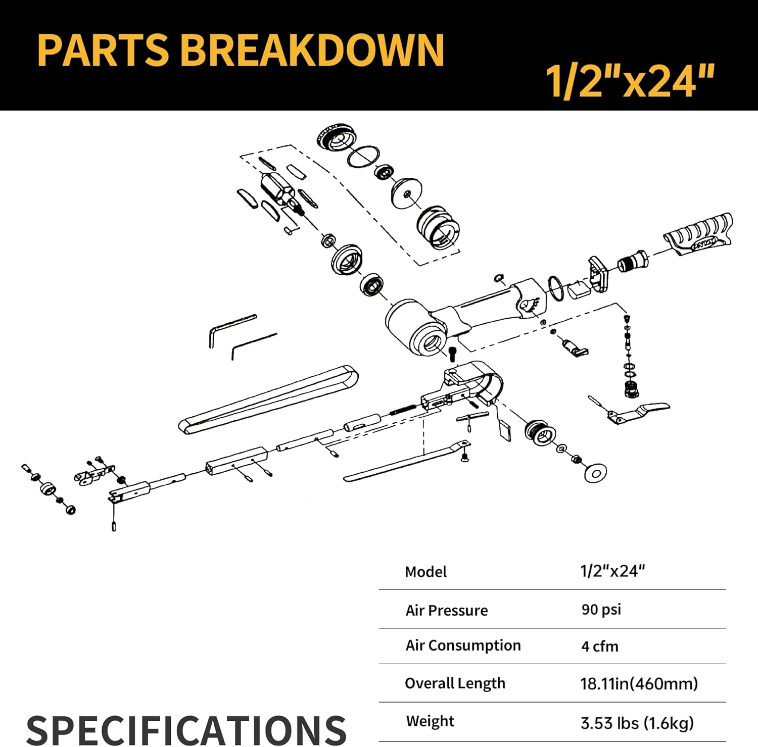 1/2" x 24" Air Belt Sander, Handheld Pneumatic Sander - Industrial Power Tool for Woodworking, Metal, Steel Polishing & Surface Finishing, 16000 RPM