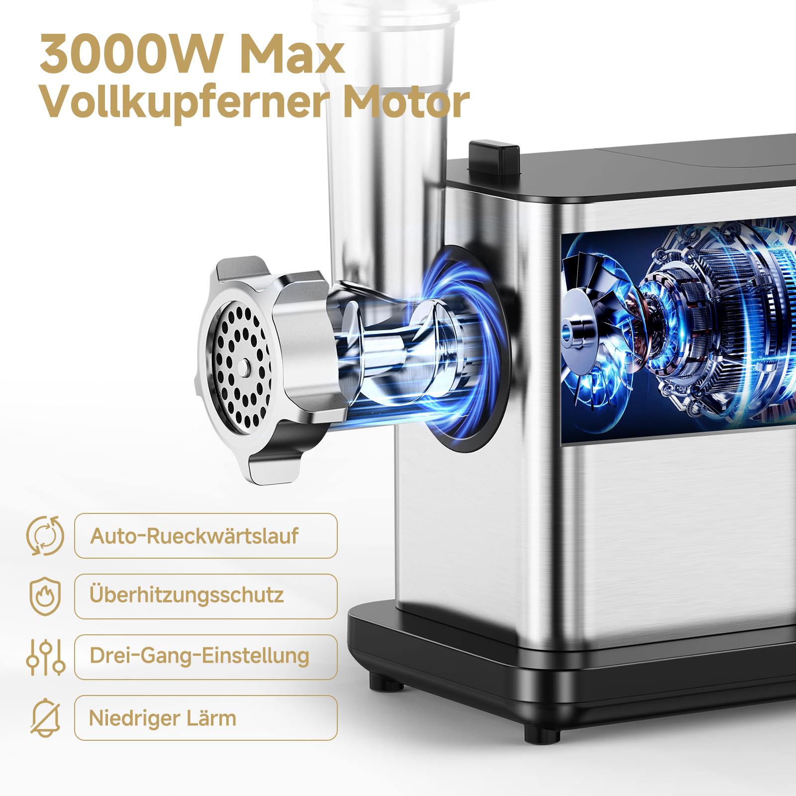 AAOBOSI Fleischwolf Elektrisch [3000W MAX] mit LED-Display,3 Geschwindigkeiten,Fleischwolf mit Anti-Verstopfungstechnik,Eingebauter Speicherbox,Wurstfüller & Kibbe-Herstellung für den Hausgebrauch