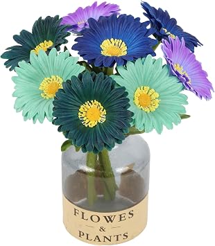 8 Pcs Multi Blue Flowers Small Artificial Gerbera Daisies 11.8 PU Faux Daisies for Table Centerpiece Arrangement Bathroom Kitchen Home Decor