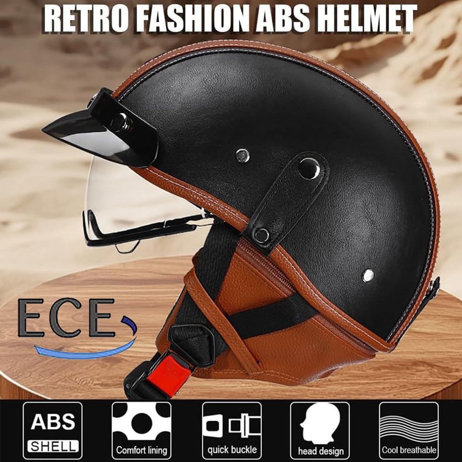 Półkask motocyklowy Skórzany kask retro Jet, wygodna wyściółka, kask otwarty z homologacją ECE dla mężczyzn i kobiet, do cruisera, motoroweru, skutera