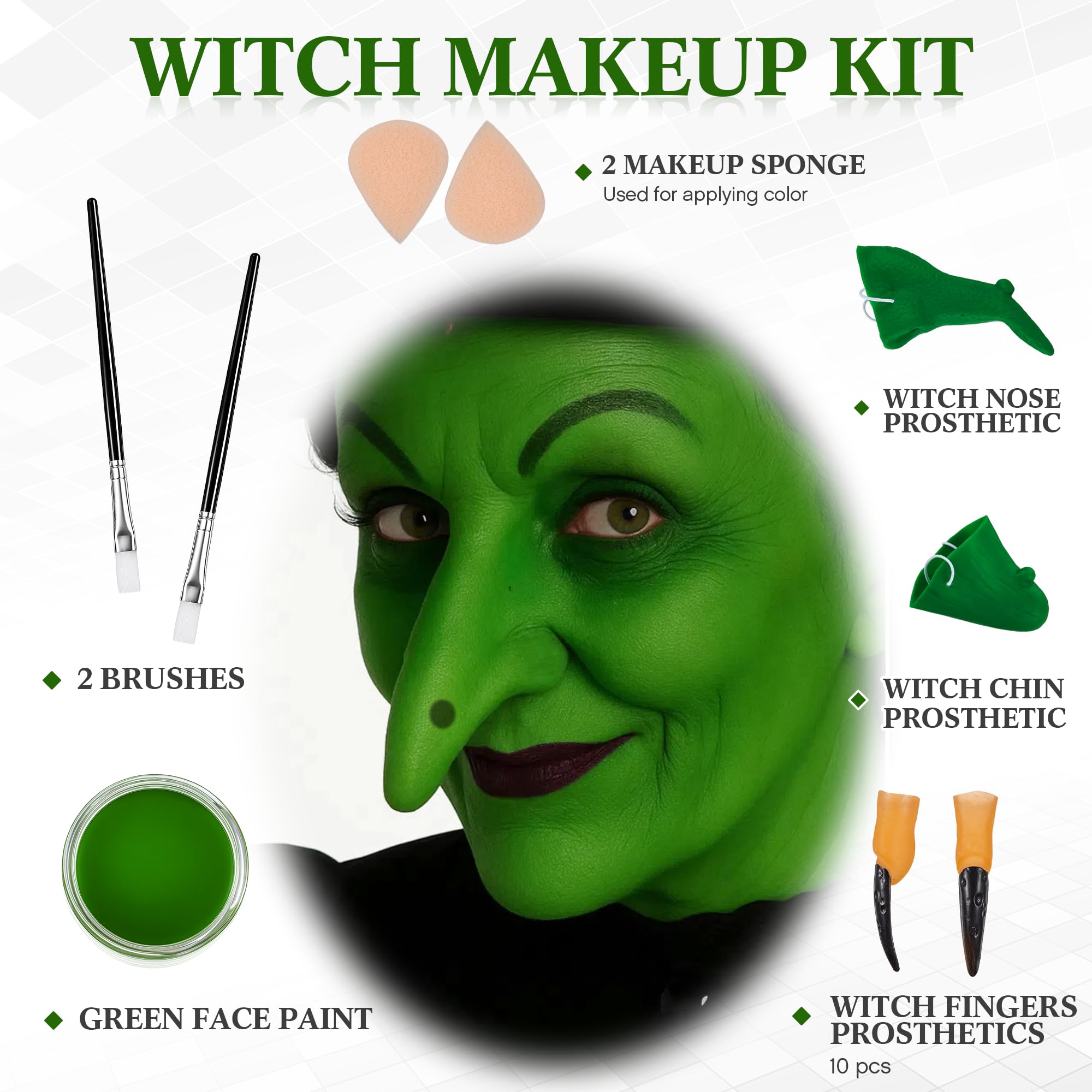 Libima Kit de maquillaje de bruja de Halloween de 17 piezas, nariz y barbilla de bruja falsa, 10 uñas largas negras, pintura facial, esponja de maquillaje y pincel, accesorios de disfraz de efectos