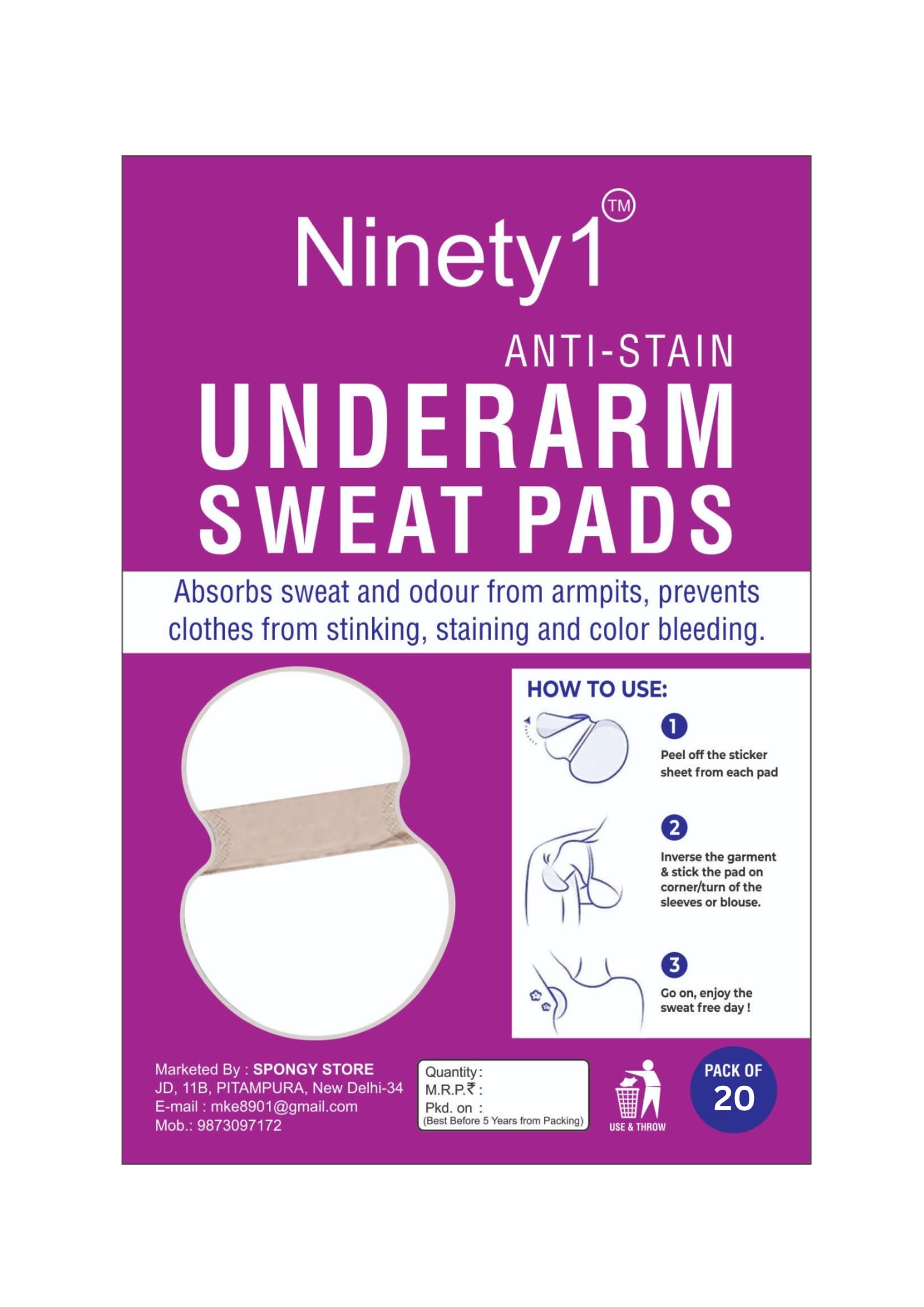 Ninety1 Disposable Underarm Sweat Pads (50 Pads) for Women & Men, Folded, Sweat Absorbent, Stain Proof, Self Adhesive Glue, Breathable And Deodorizing Odour Control, Skin Friendly, Safe on Fabrics