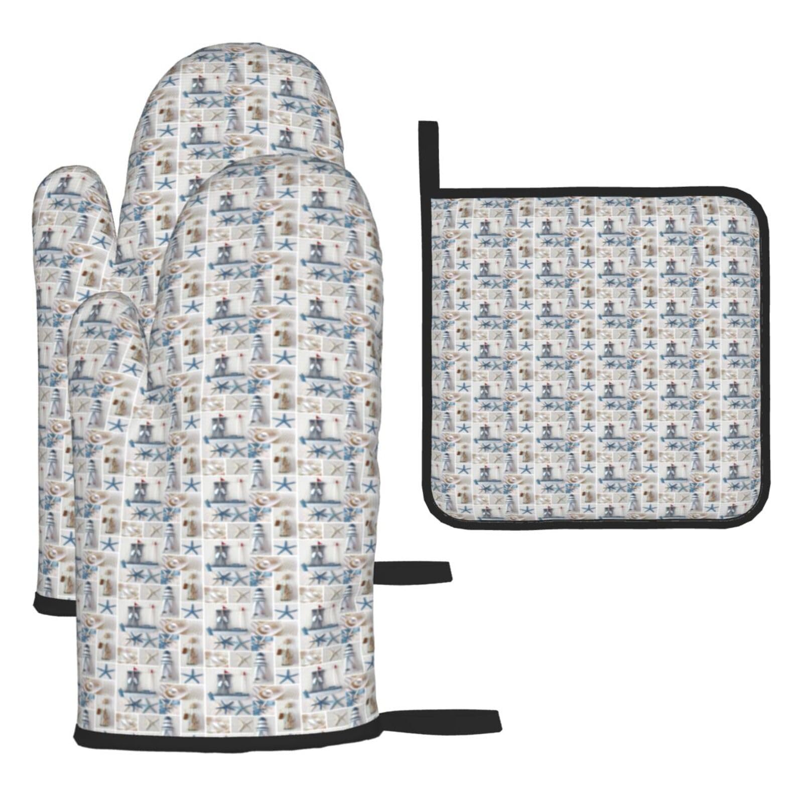 Bottle Seashell Starfish Lighthouse Print Oven Set Kitchen Gloves Baking Grilling Microwaving Cooking Gift Everyday Holiday