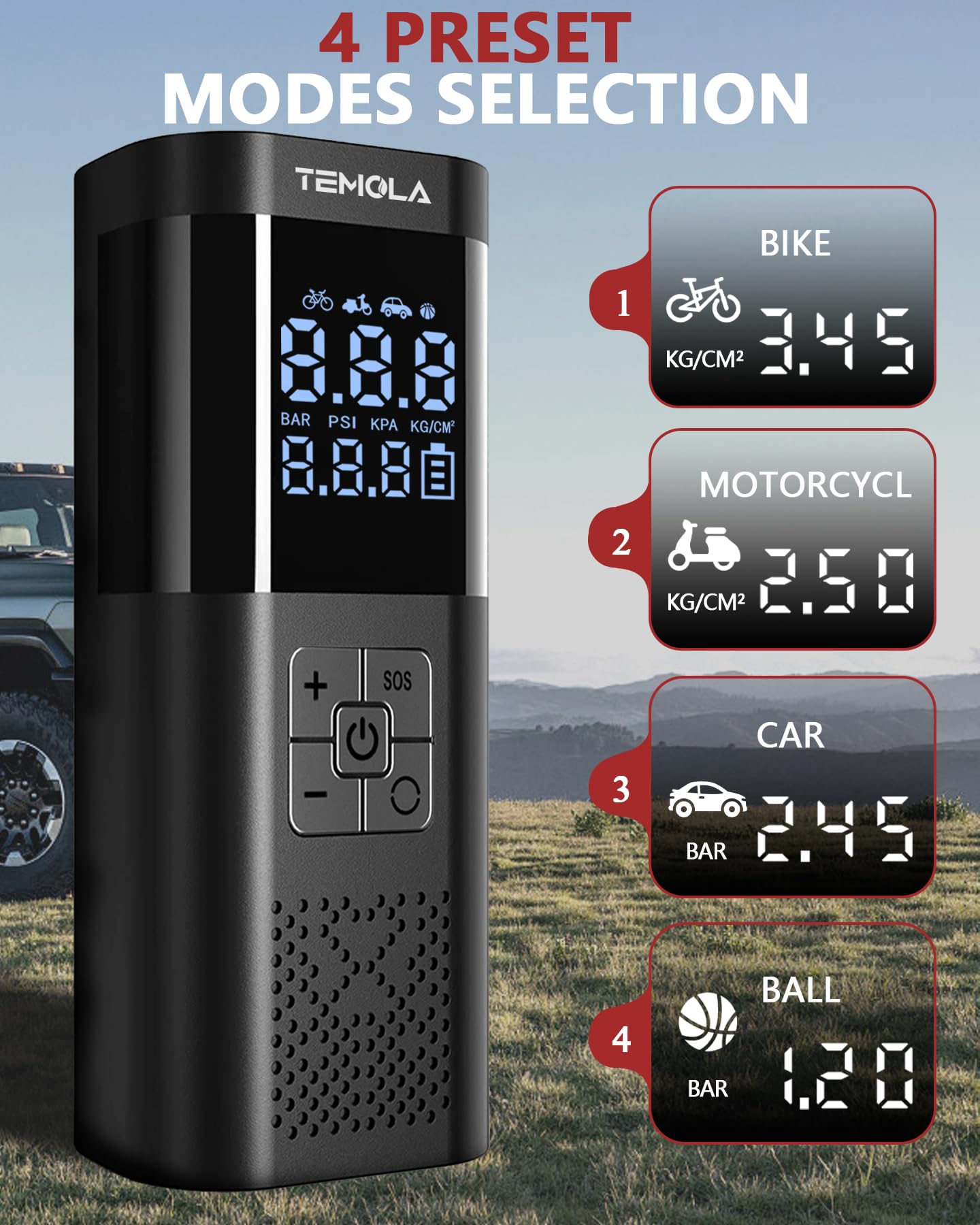 TEMOLA Compressore Aria Portatile Auto, Potente Compressore Auto Senza Fili con Luce LED, Mini Compressore Portatile Accessori Auto Essenziali per Gli Uomini con Manometro per Auto Moto Bicicletta