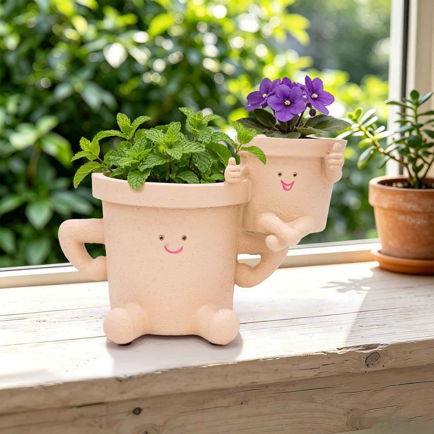 Cute Smily Face Planter Pots, Resin Double Head Plant Pots for Indoor Outdoor Plants, Unique Succulent Flower Pot with Drainage Hole, Gift IdeaI for Mother Women Father (Khaki) image 2