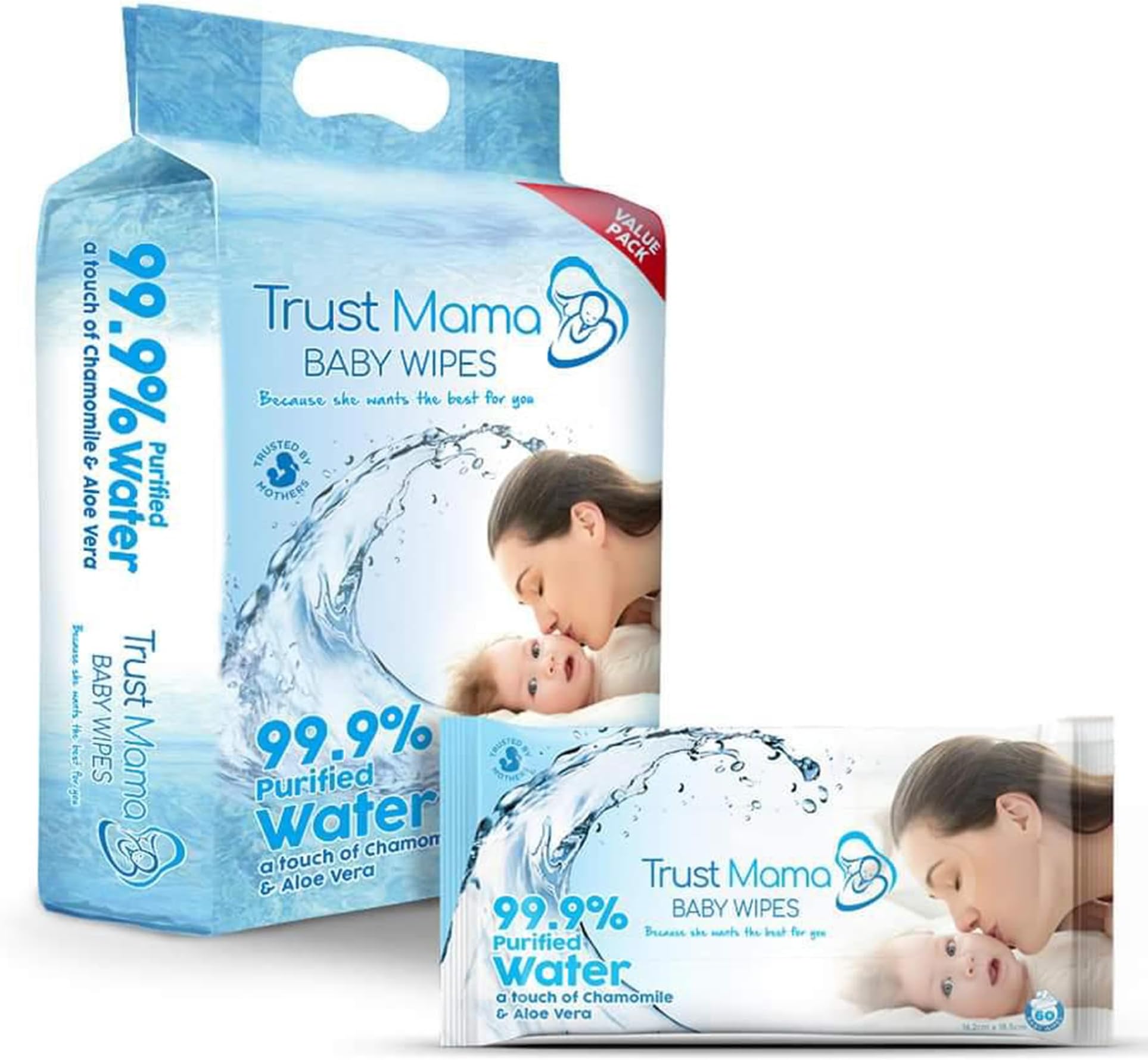 Trust Mama - Baby Wipes 99.9% Purified Water – 4 Pack – Fragrance-Free, Hypoa...