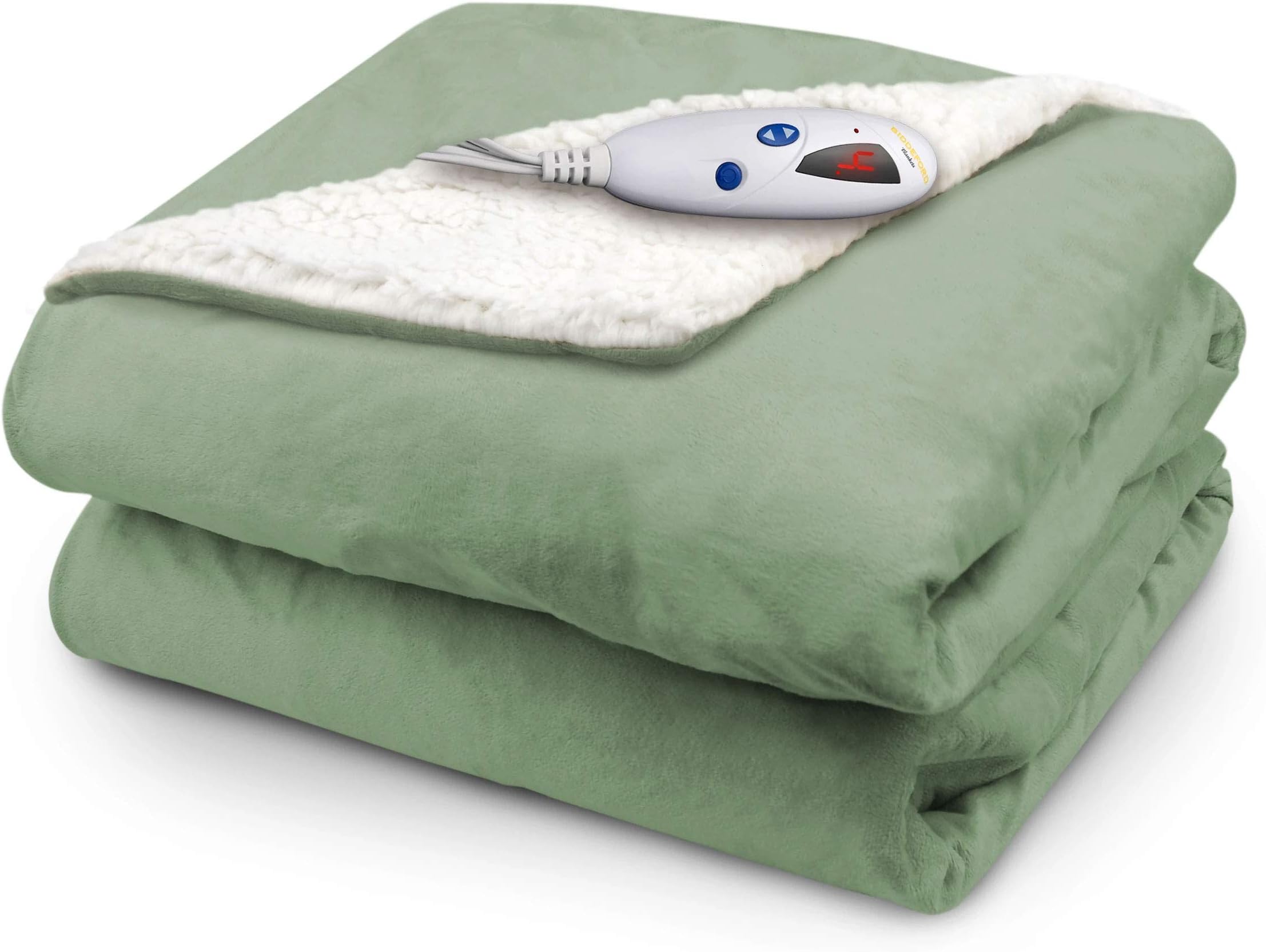Pure Warmth Heated Electric Throw Blanket Sage with Natural Sherpa