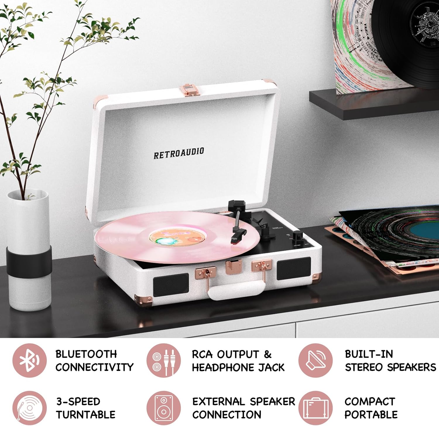 Vinyl Record Player with Built-in Speakers 3-Speed Vintage Record Player Bluetooth Portable Suitcase Turntable Belt-Driven LP Player Support RCA Output and Headphone Output (White Rose Gold)