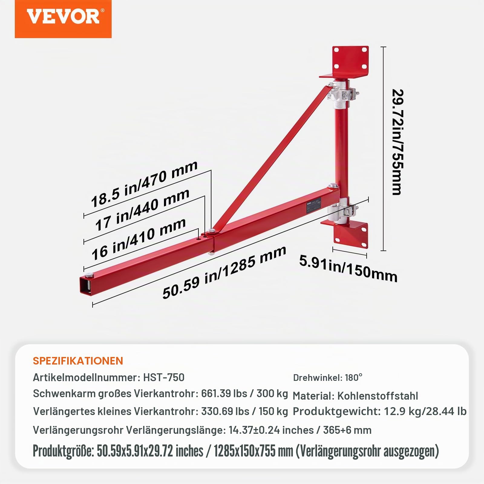 VEVOR Elektrischer Hebezeug-Stützarm 300 kg Tragkraft Hebezeughalter-Schwenkarm mit Stange Hebezeugrahmen aus Stahl, 180° schwenkbarer Gerüsthebezeug-Hebearm Windenhebezeugarm für Werkstatt Garage