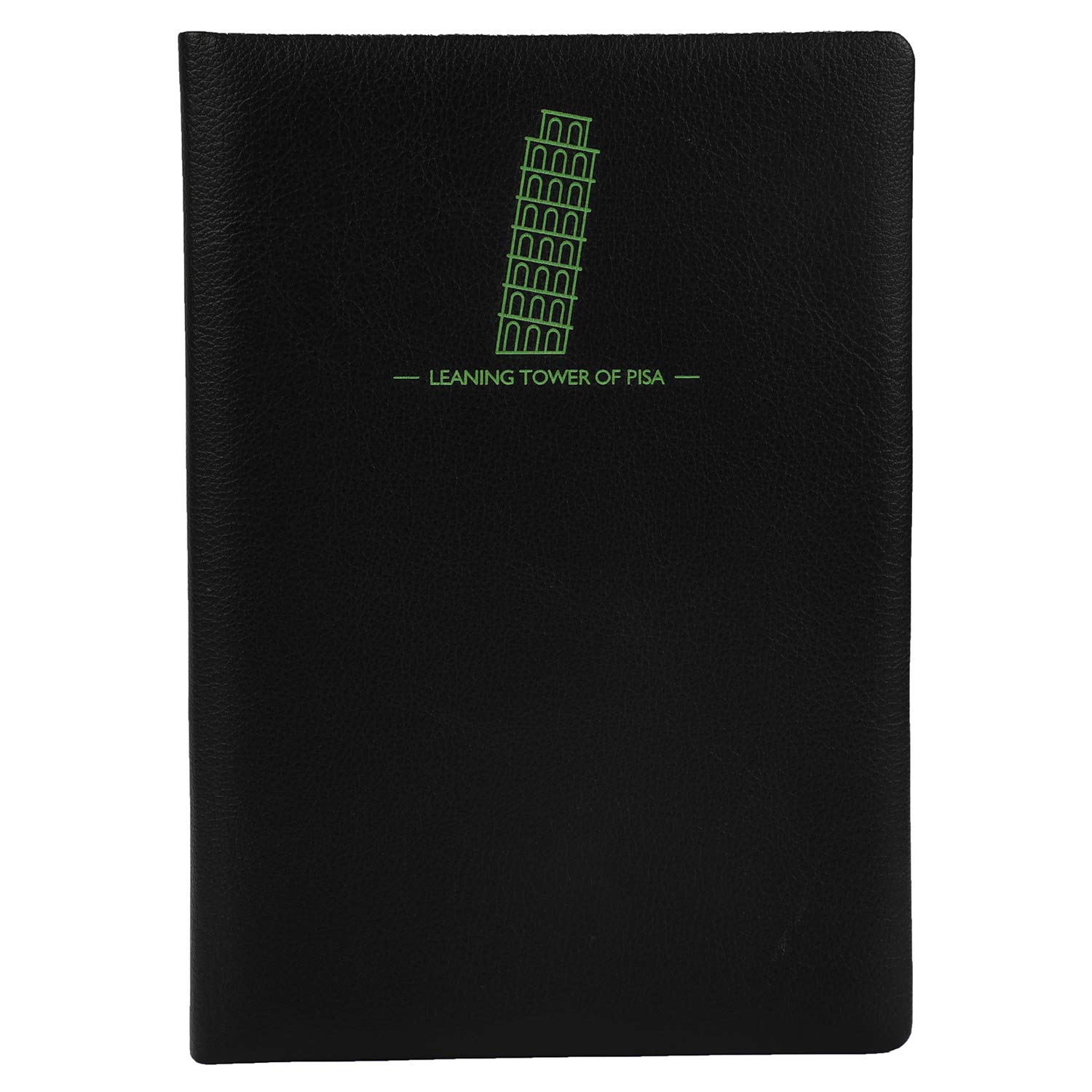 Comma Laser – Quaderno formato A5 – 224 pagine (192 righe naturali + 32 verdi senza righe) – 80 gsm – copertina in morbida pelle PU bicolore – con incisione laser verde della Torre pendente di Pisa