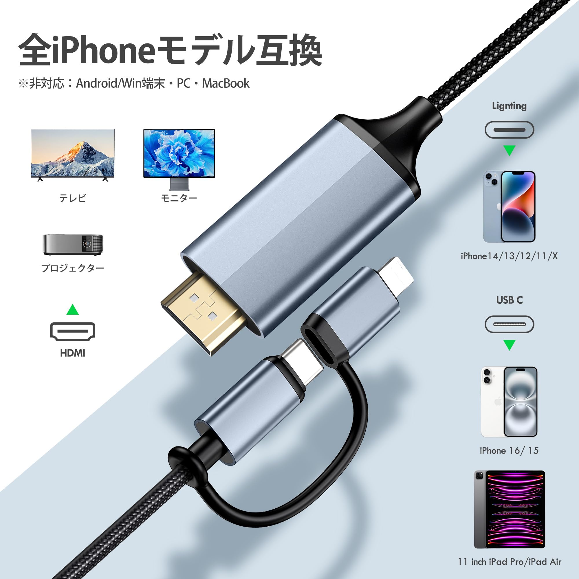 Amazon | hdmi変換ケーブル タイプc 2-in-1 Lightning & Type-C