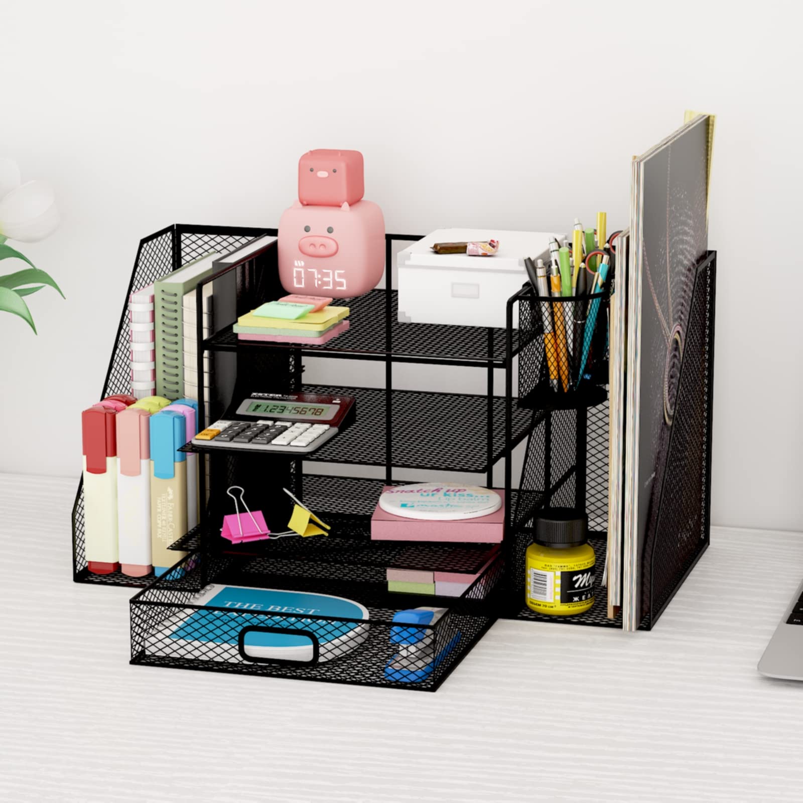 navmen Desk Organizer with File Holder,4 Tier Metal Mesh Desktop Organizer Paper Letter Tray Organizer with Drawer Holder and 2 Pen Holder,for Office Supplies Home or School Storage,(Black)