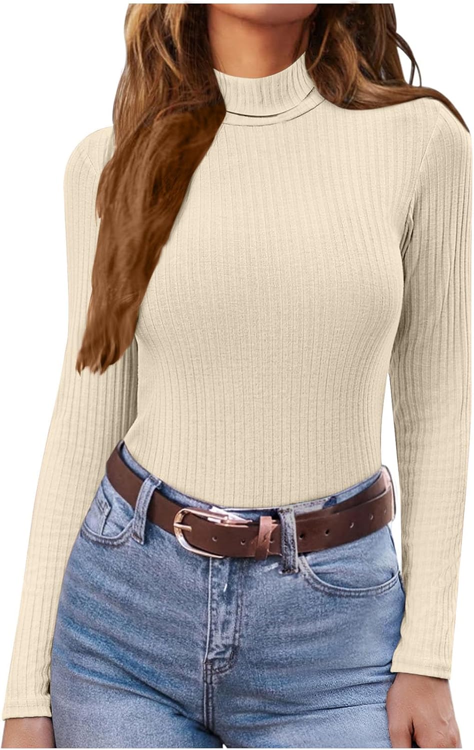 Women's Turtleneck Shirts Ribbed Pullover Sweater Long Sleeves Tops Midweight Thermal Underwear Blouses