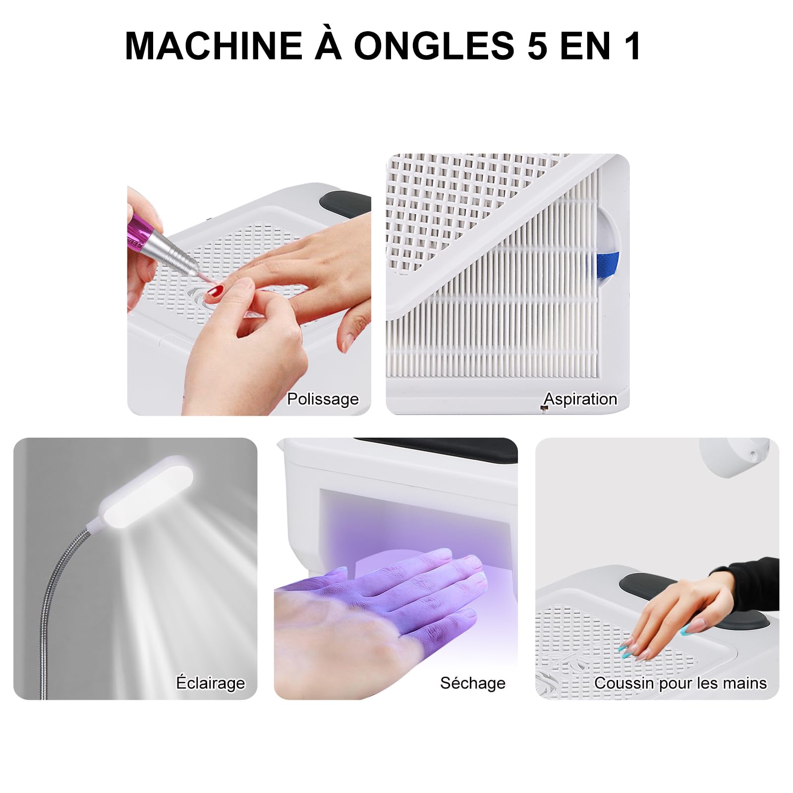 60W Aspirateur Ongle 5 en 1 Professionnel, Onglerie Collecteur de Poussière Faible Bruit, Aspiration Réglable, Pour la Manucure au Salon ou à la Maison(Blanc)