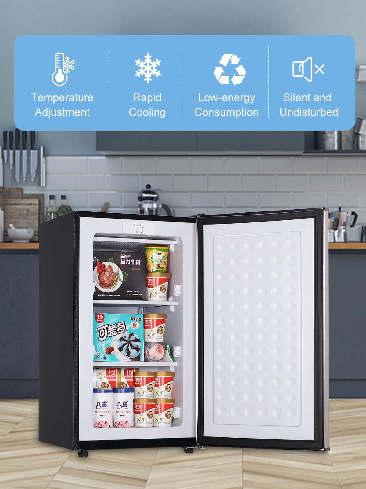 Krib Bling 3.2 Cu.Ft Upright Freezer Compact Mini Freezer With Removable Shelves For Bedroom, Office, Kitchen, Dorm,Silver on Fridge.com - View 3