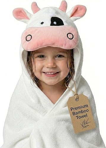 POCASOPA Toalla con capucha con bonito diseño de vaca, rayón hecha de bambú para bebé, ultrasuave, absorbente e hipoalergénica, toalla orgánica