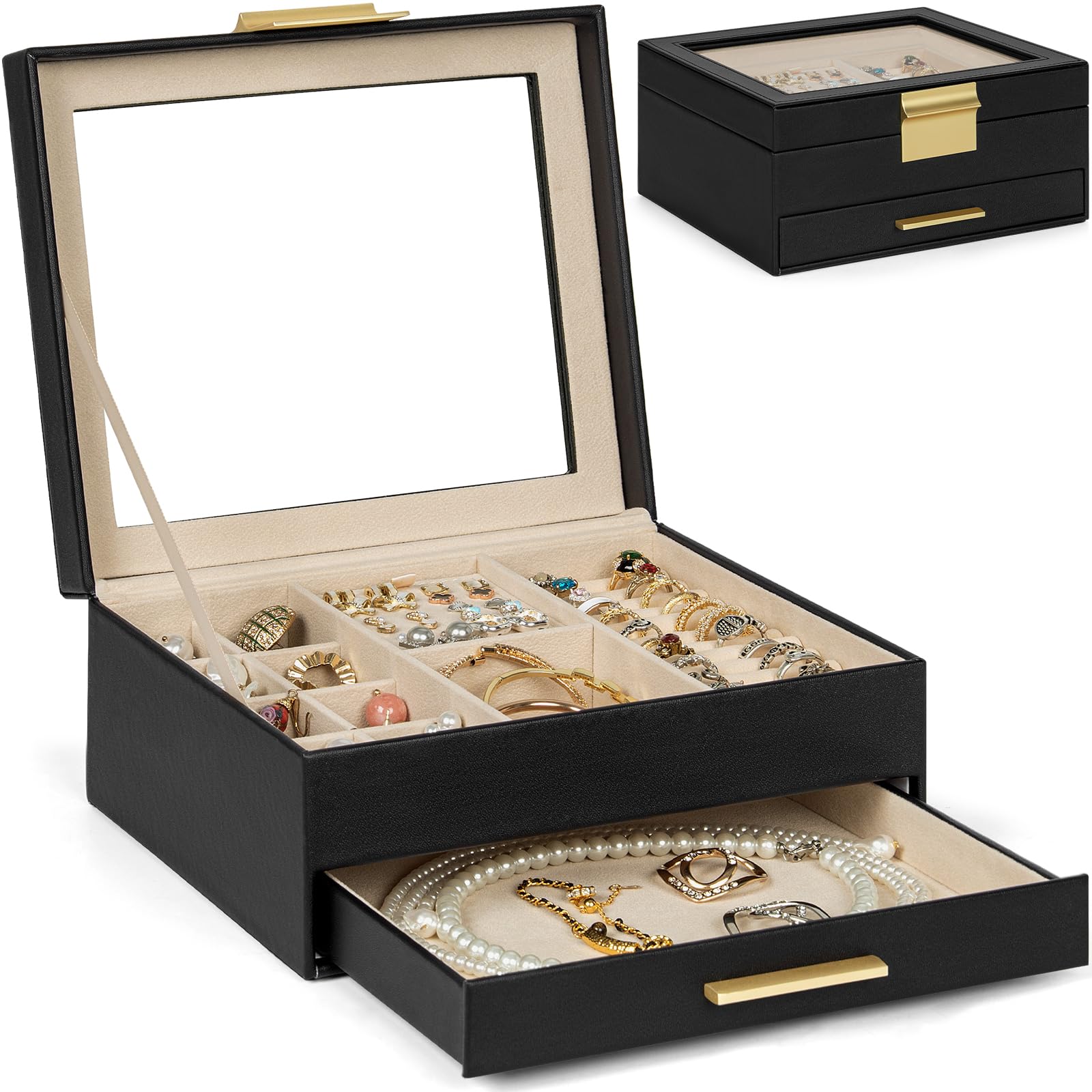 AKOZLIN 2-Tier Jewelry Box with Clear Glass Lid Functional Leather Jewelry Storage Organizer Case 1 Drawers for Women