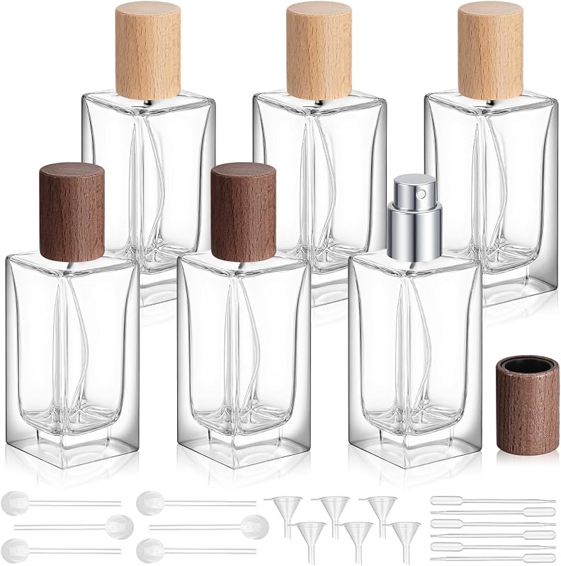 Teenyyou Frascos de Perfume Recarregáveis de Vidro com Tampa de Madeira de Faia, 50 mL, Pacote com 6