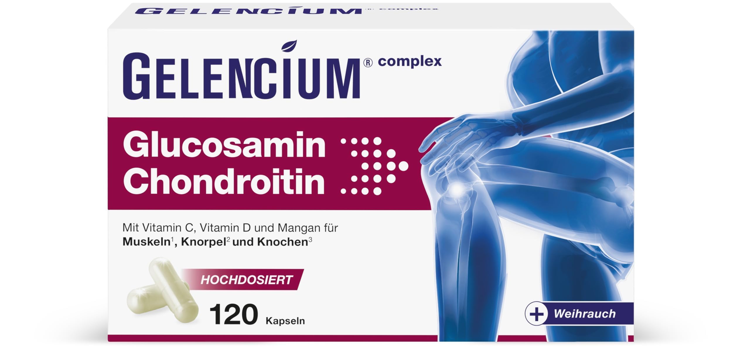 Gelencium Glucosamin Chondroitin hochdosiert mit Weihrauch – 120 Kapseln | 2.325 mg pro Tagesdosis · Mit Weihrauch (Boswellia serrata), Vitamin C, Vitamin D & Mangan · 30 Tage