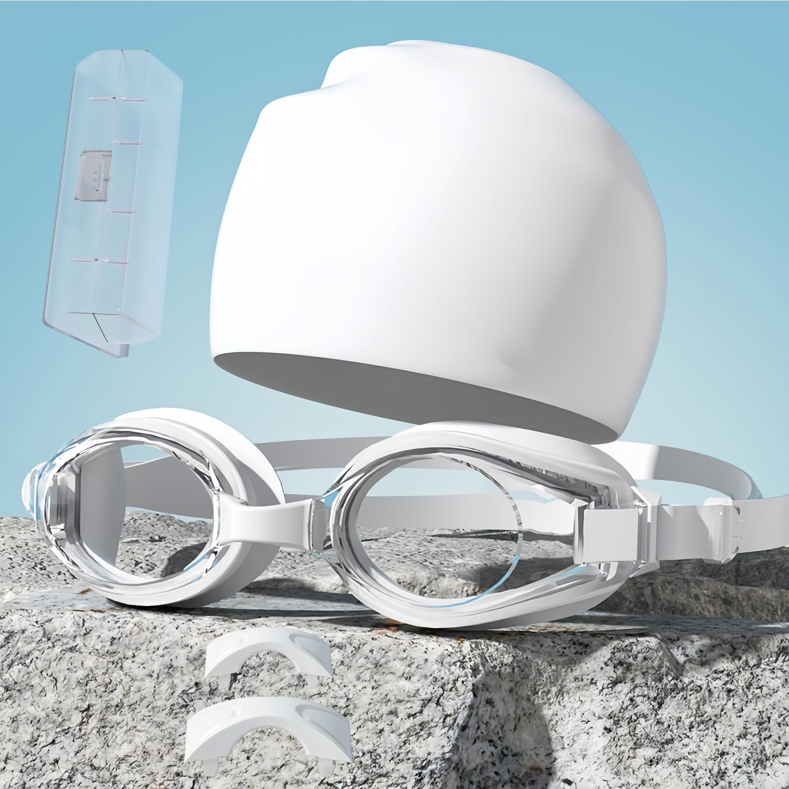 Vyloky Swimming Goggles with Optical Prescription (-1.5 to -7.0), Anti-Fog Coating, Soft Silicone, Panoramic Vision (White Swimming Cap, -7.0)